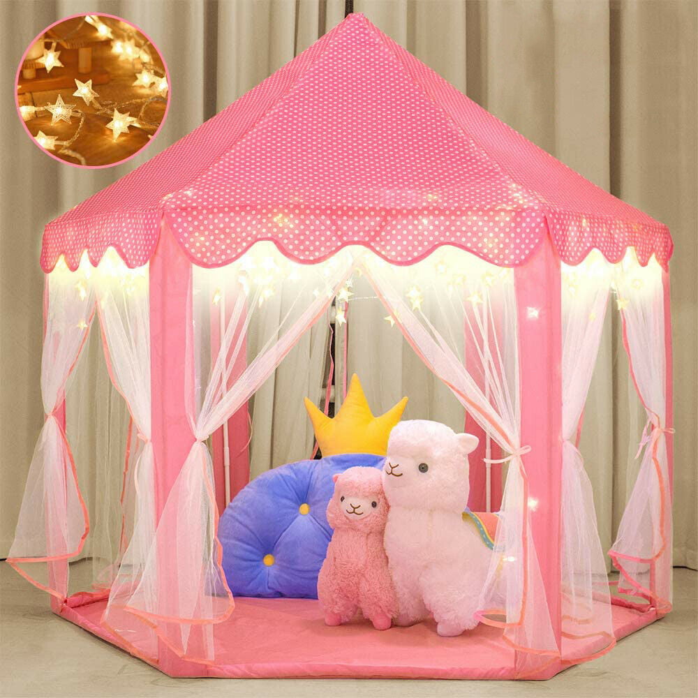 Princess Castle Cute Playhouse with Star Lights for Children, Unbranded Girls Princess Castle Play Tent Indoor Outdoor Kids Gift - Pink 55x53"