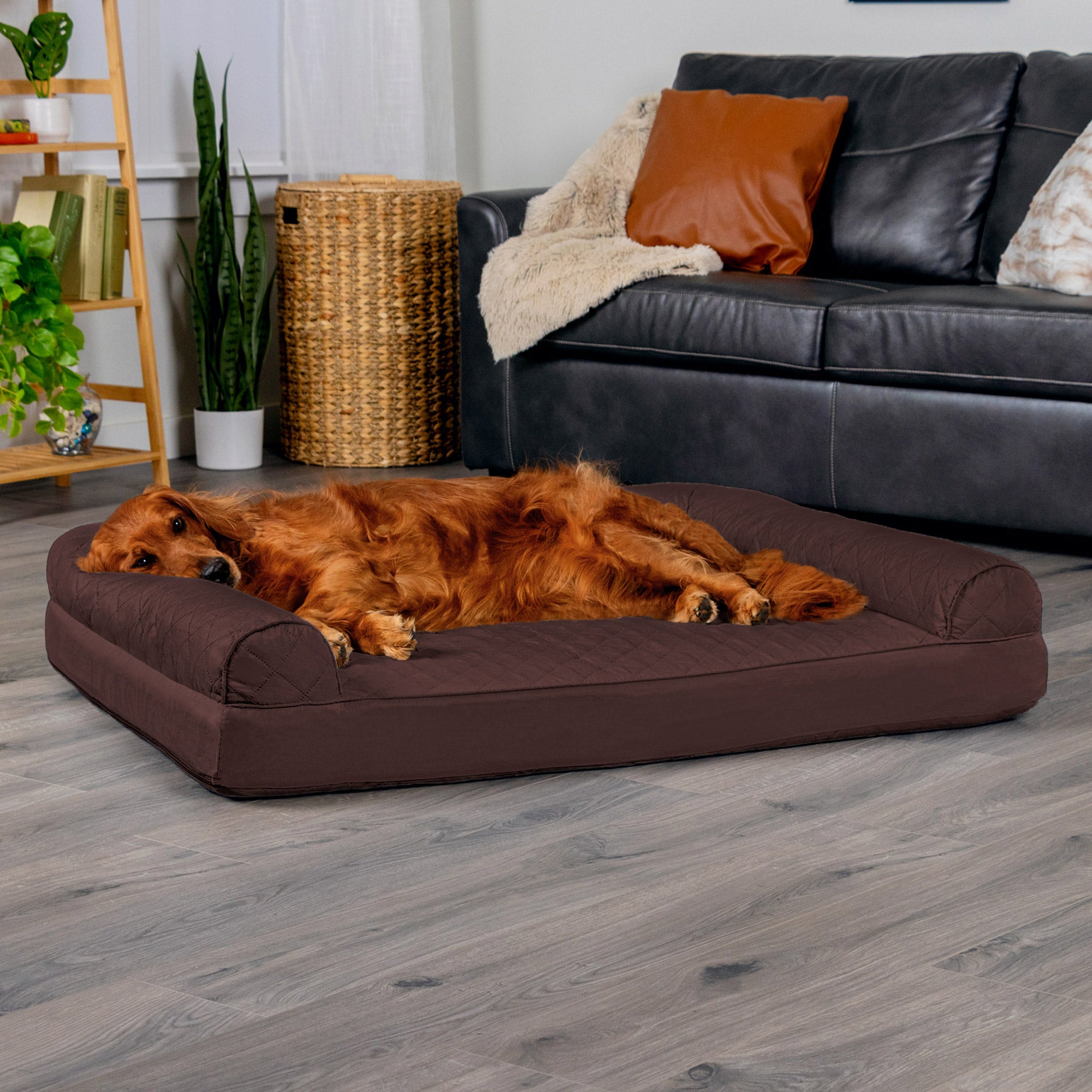 FurHaven | Orthopedic Quilted Sofa Pet Bed for Dogs and Cats， Coffee， Jumbo