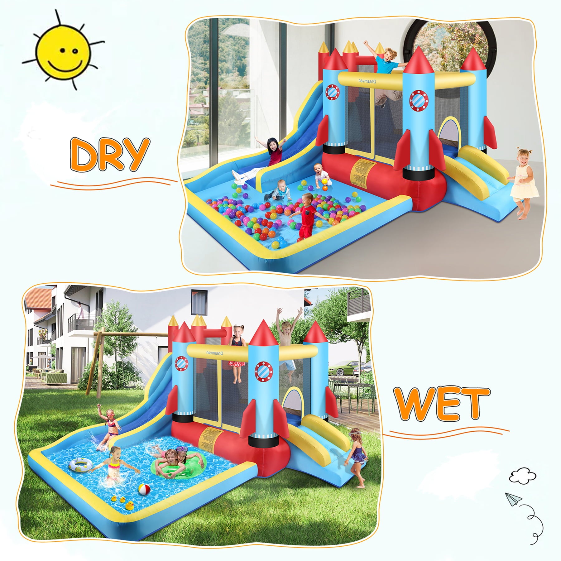 Inflatable Bounce House with Blower Children Bouncer with Large Bounce Area， 2 Slides， Climbing Wall， Play Pool， Water Slide， Park/Castle Theme