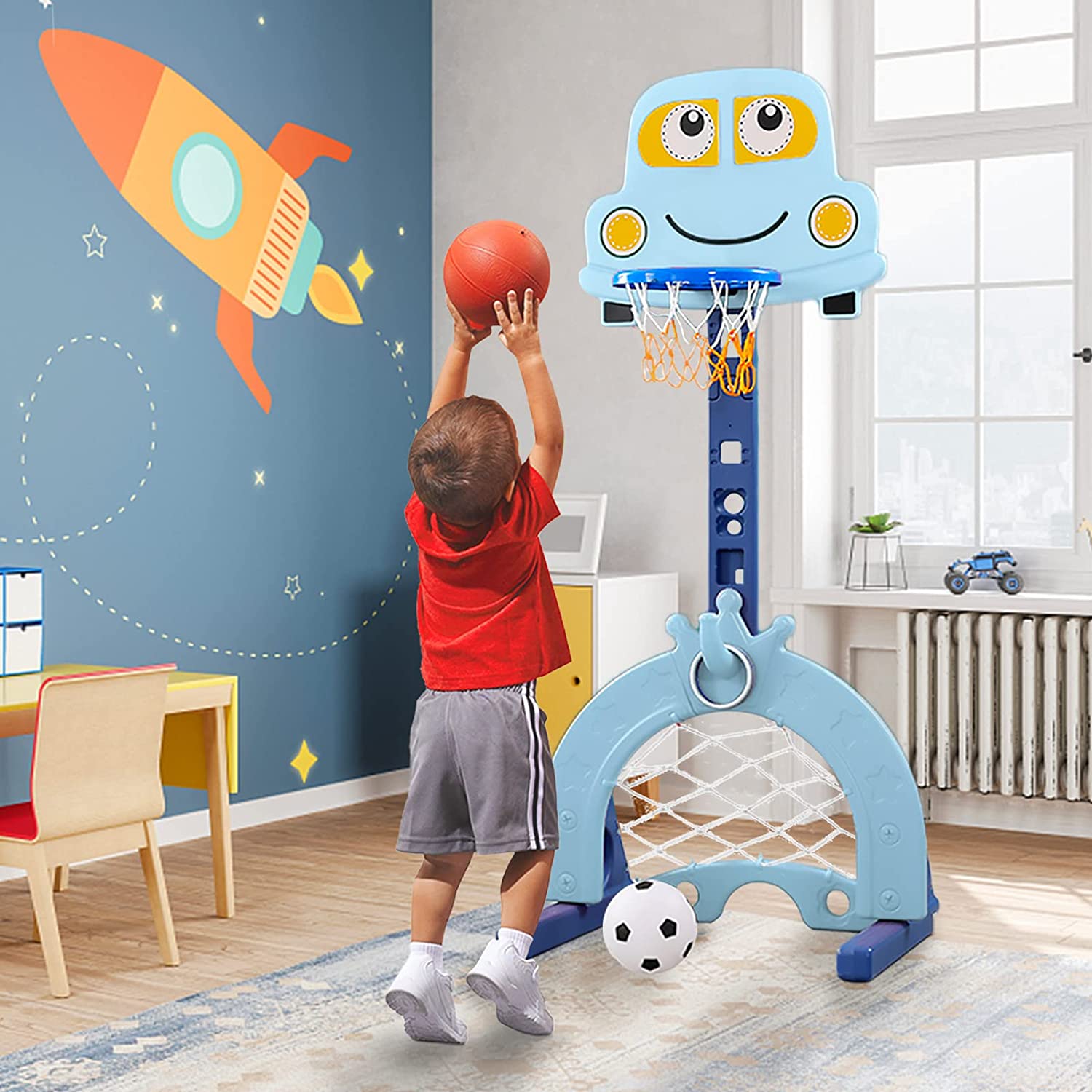 LBLA  4-in-1 Toddler Basketball Hoop for Kids， Sports Activity Center Set for Children - Basketball Hoop Soccer Goal Golf Game Ring Toss， Toddler Basketball Sports Play Indoor and Outdoor