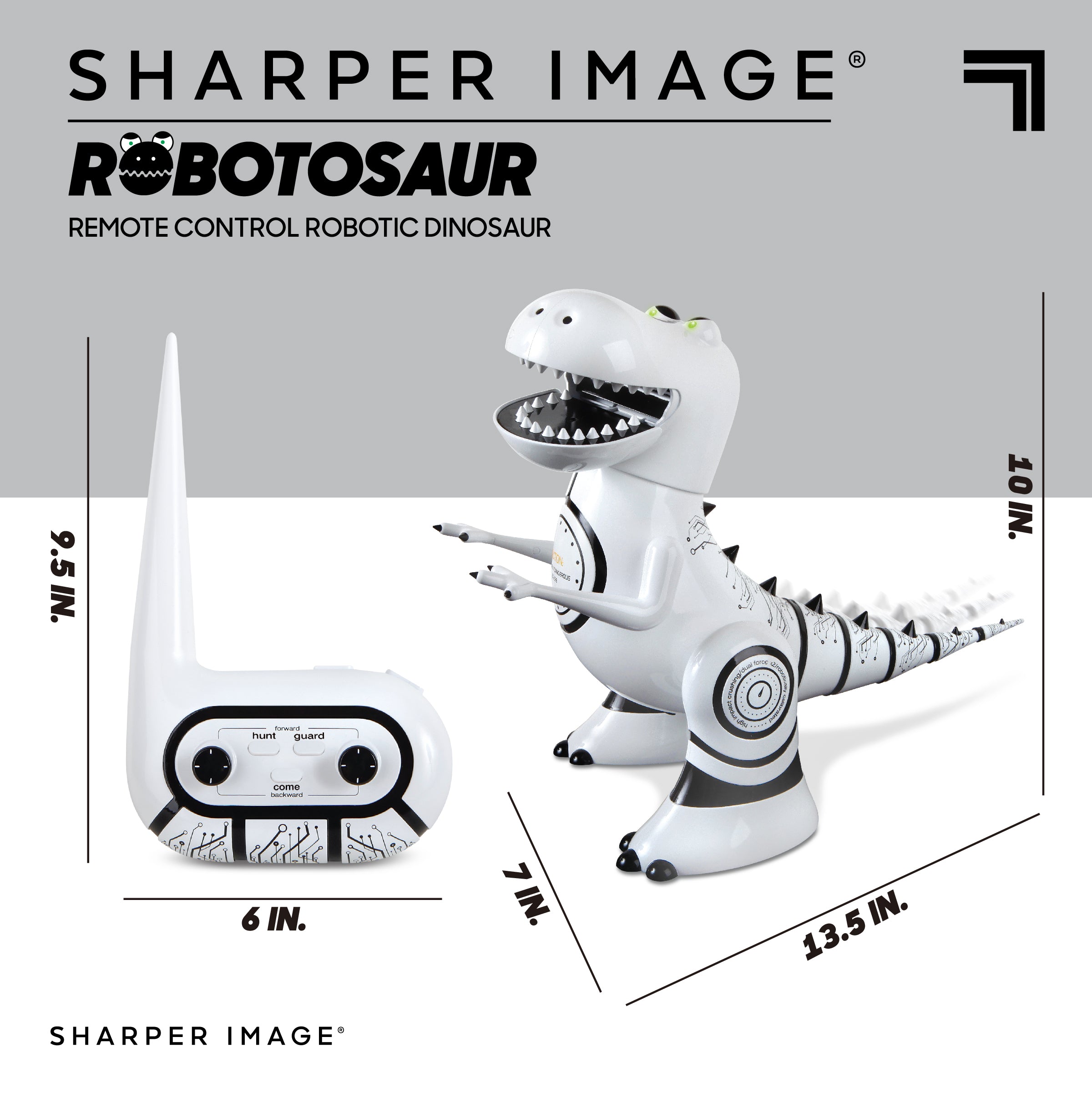 Sharper Image Interactive RC Robotosaur Dinosaur， Built-in Mood Sensors and Color-Changing LED Eyes， Motion Detection， Growls， Snores， Battery Operated- White/Black