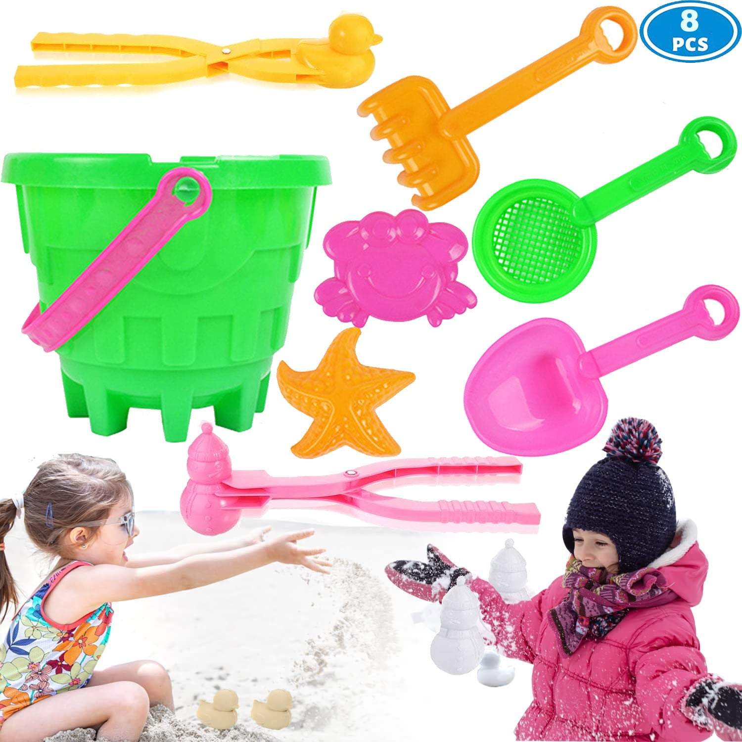 TABGIME 8PCS Sand Toy Bench Set for Kids Fun Outdoor Game - Plastic Molds W/Bucket for Sand Castle, Snow Forts and Snowballs