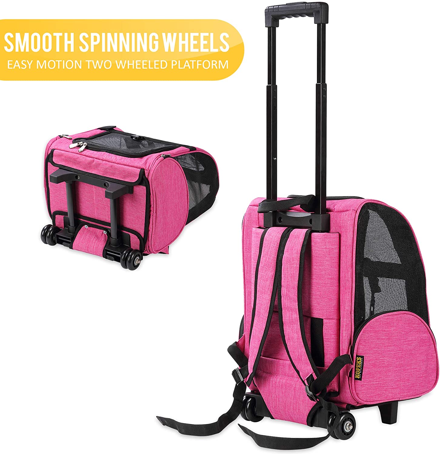 Deluxe Backpack Pet Travel Carrier with Double Wheels - Heather Pink - Approved by Most Airlines