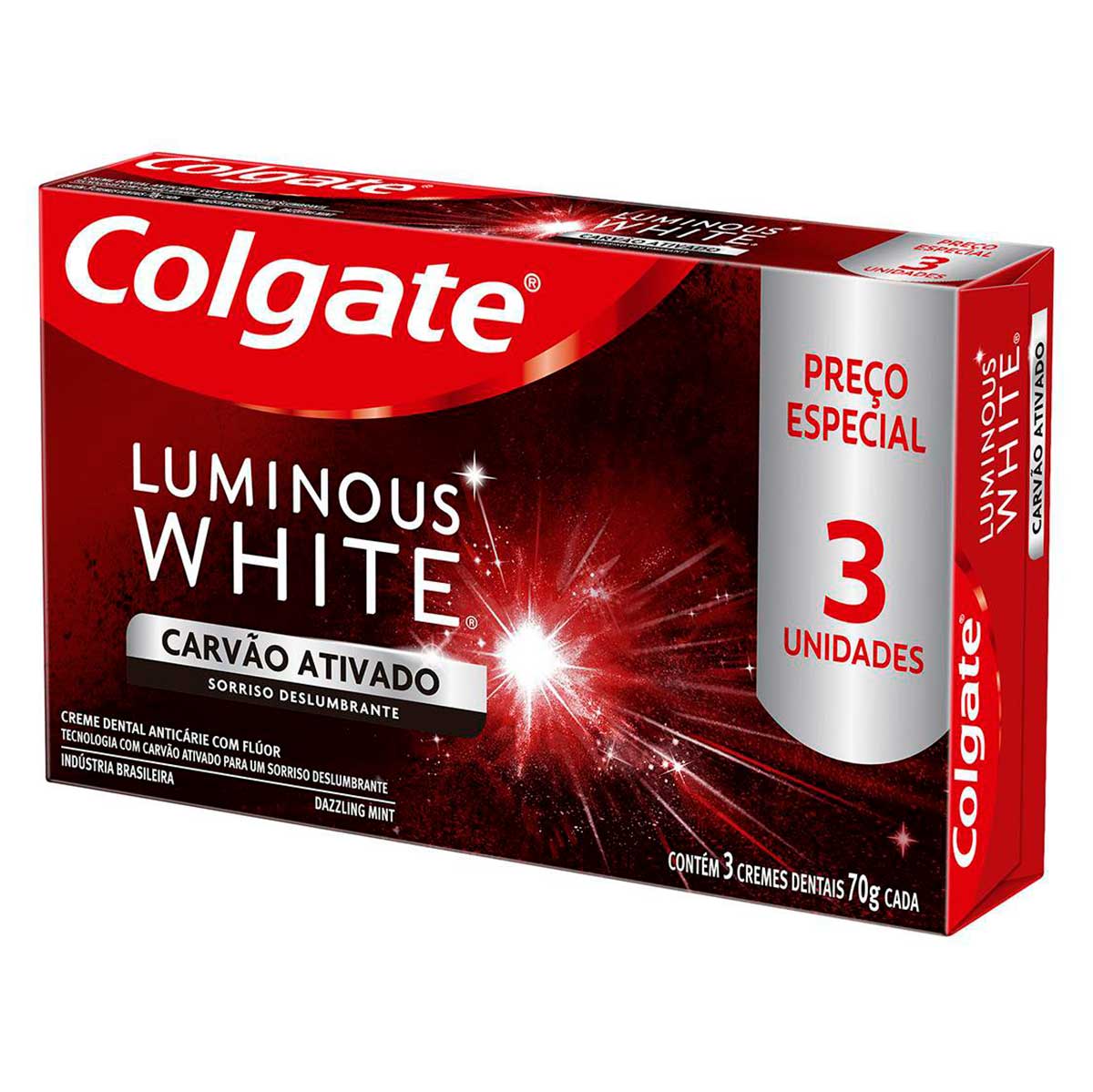 Creme Para Clareamento Dental Colgate Luminous White Carvao Ativado 3 unid 70g Promo Preco Especial