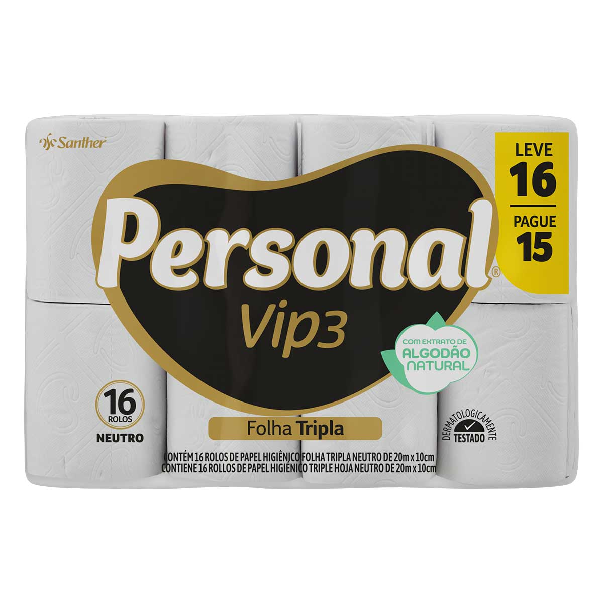 Papel Higienico Folha Tripla Neutro Personal Vip3 20 Metros Leve 16 Pague 15 Unidades