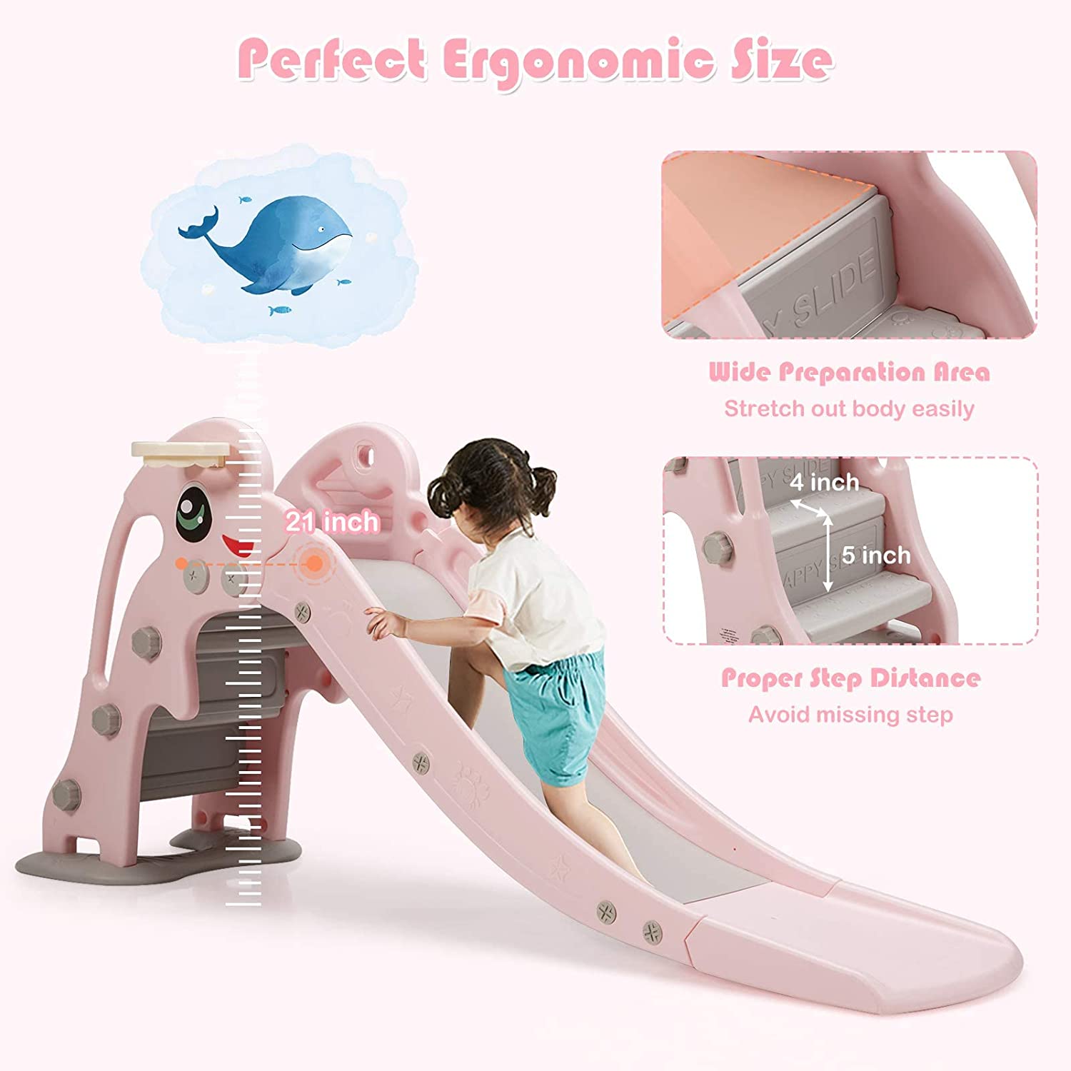 3 in 1 Slide for Kids， Toddler Large Play Climber Slide PlaySet with Extra Long Slipping Slope， Basketball Hoop， Ideal Gift for Boys and Girls Indoor Outdoor Use (Pink Dolphin)