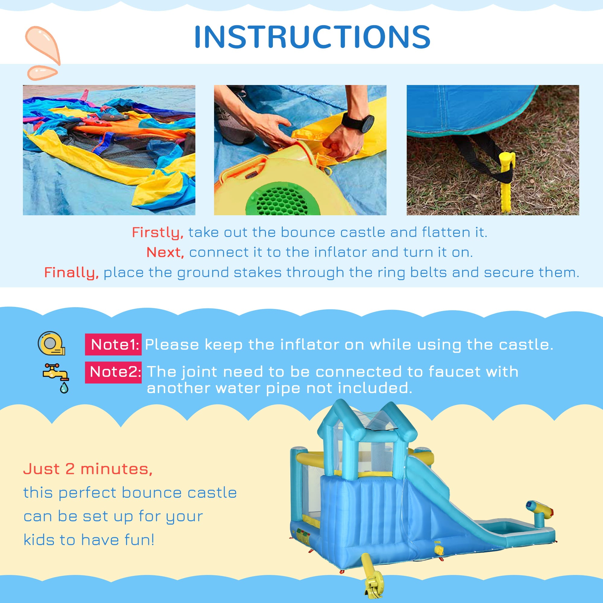 Outsunny 5-in-1 Inflatable Water Slide， Kids Castle Bounce House with Slide， Trampoline， Pool， Cannon， Climbing Wall Includes Carry Bag， Repair Patches， Ocean Balls， 680W Air Blower