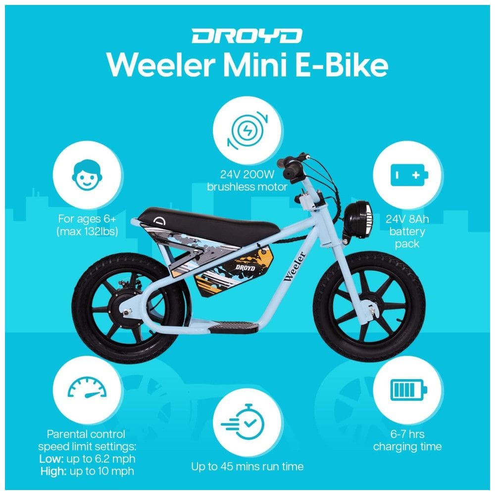 Bicicleta Elétrica Sem Pedal para Crianças de 6 a 11 Anos até 16km, 24V, Droyd, Azul