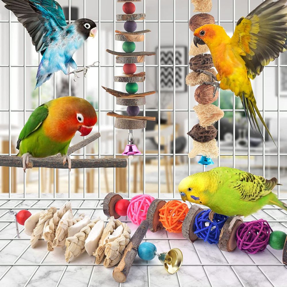 5 Packs Bird Chew Toys， Natural Wood Toys Parrot Hanging Cage Toy Bird Perch Stand for Small Bird Conure Cockatiel Parrotlet Lovebird Budgie