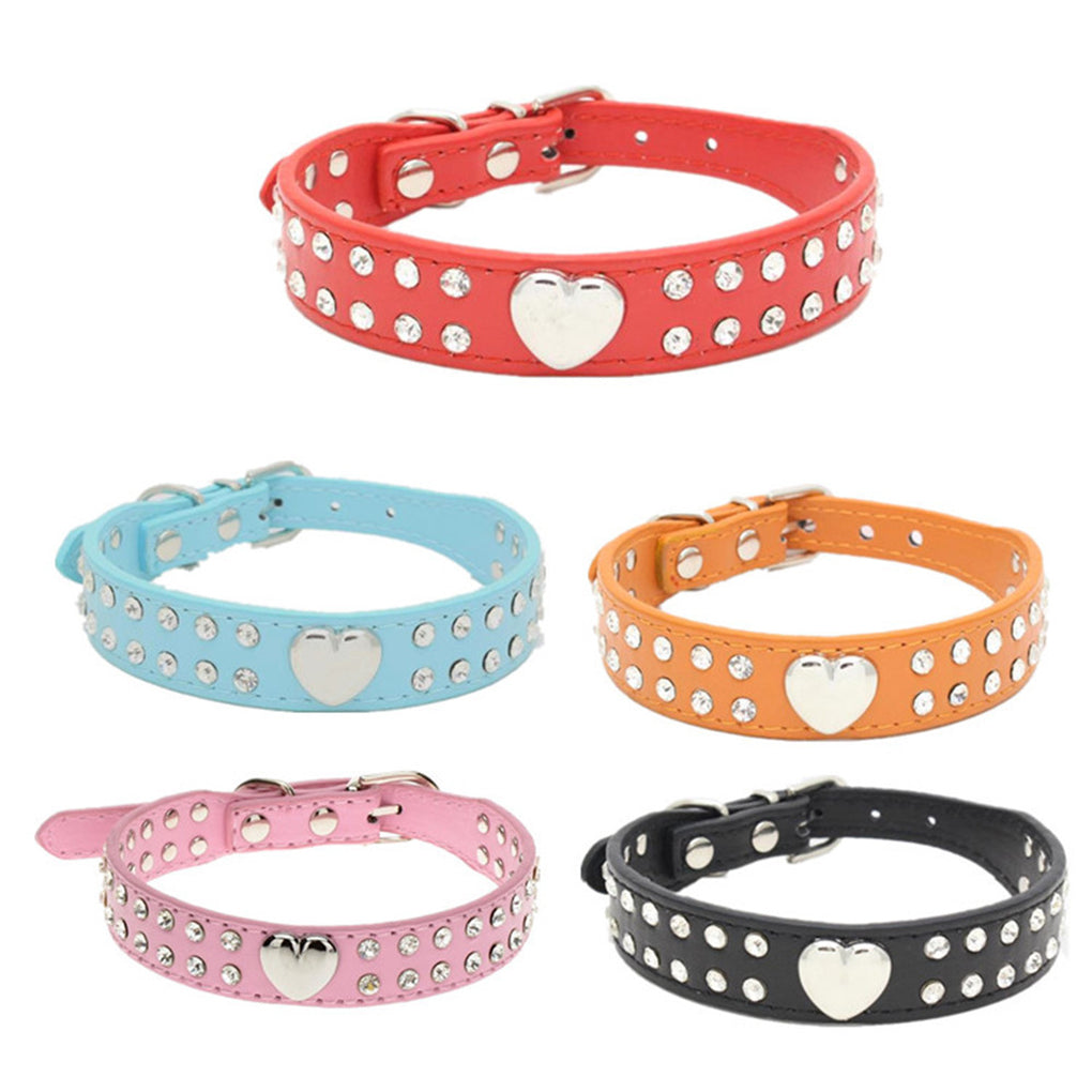 Pet Collar Rhinestones Crystal Heart PU Leather Pet Necklace Jewelry Holiday Gift，Blue，XXS
