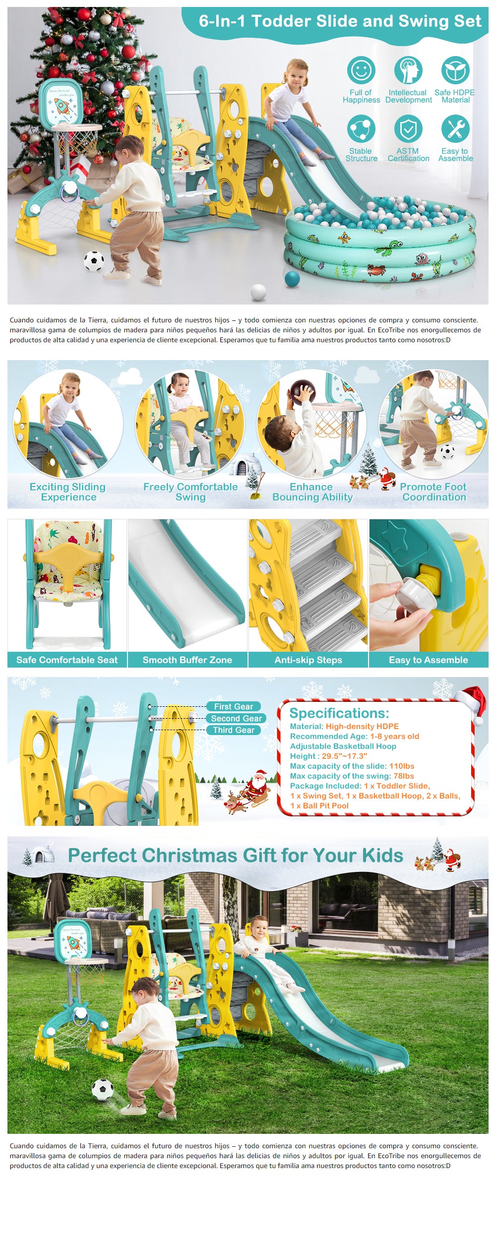 GIKPAL 6 in 1 Toddler Slide and Swing Set， Climber Slide Playset with Basketball Hoop Long Slide and Ball Pool for Kids Indoor Outdoor