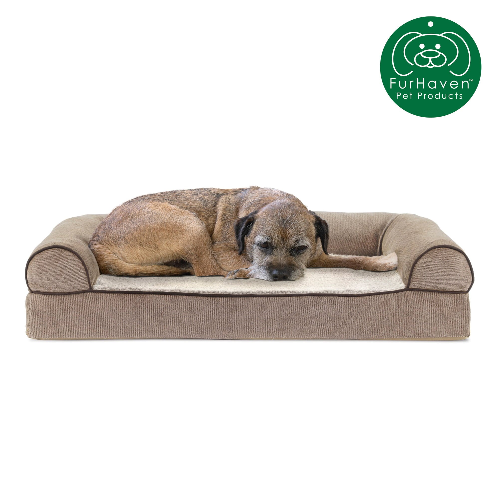 FurHaven | Cooling Gel Faux Fleece and Chenille Sofa Pet Bed for Dogs and Cats， Cream， Medium