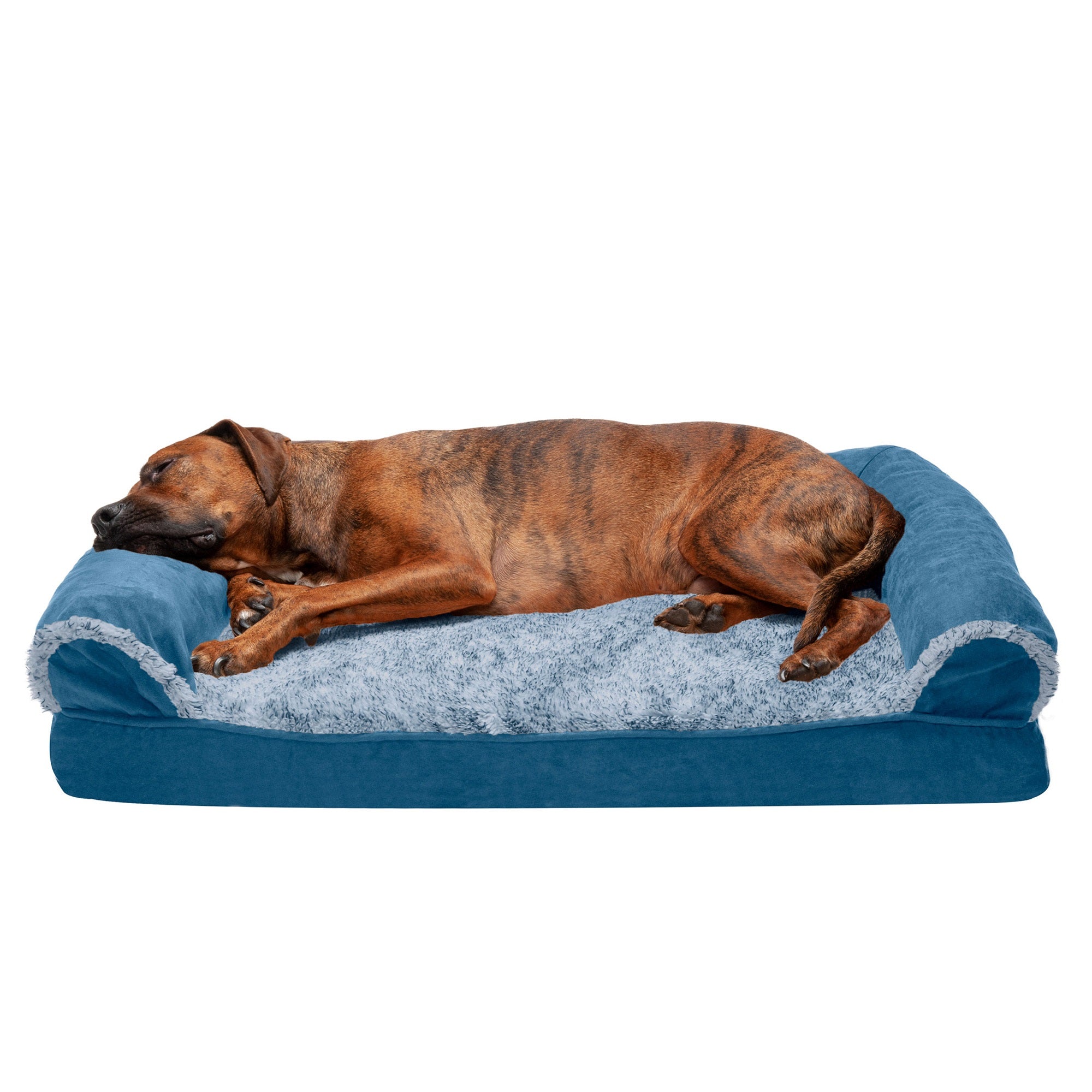 FurHaven Pet Products | Cooling Gel Memory Foam Orthopedic Two-Tone Faux Fur and Suede Sofa-Style Couch Pet Bed for Dogs and Cats， Marine Blue， Large