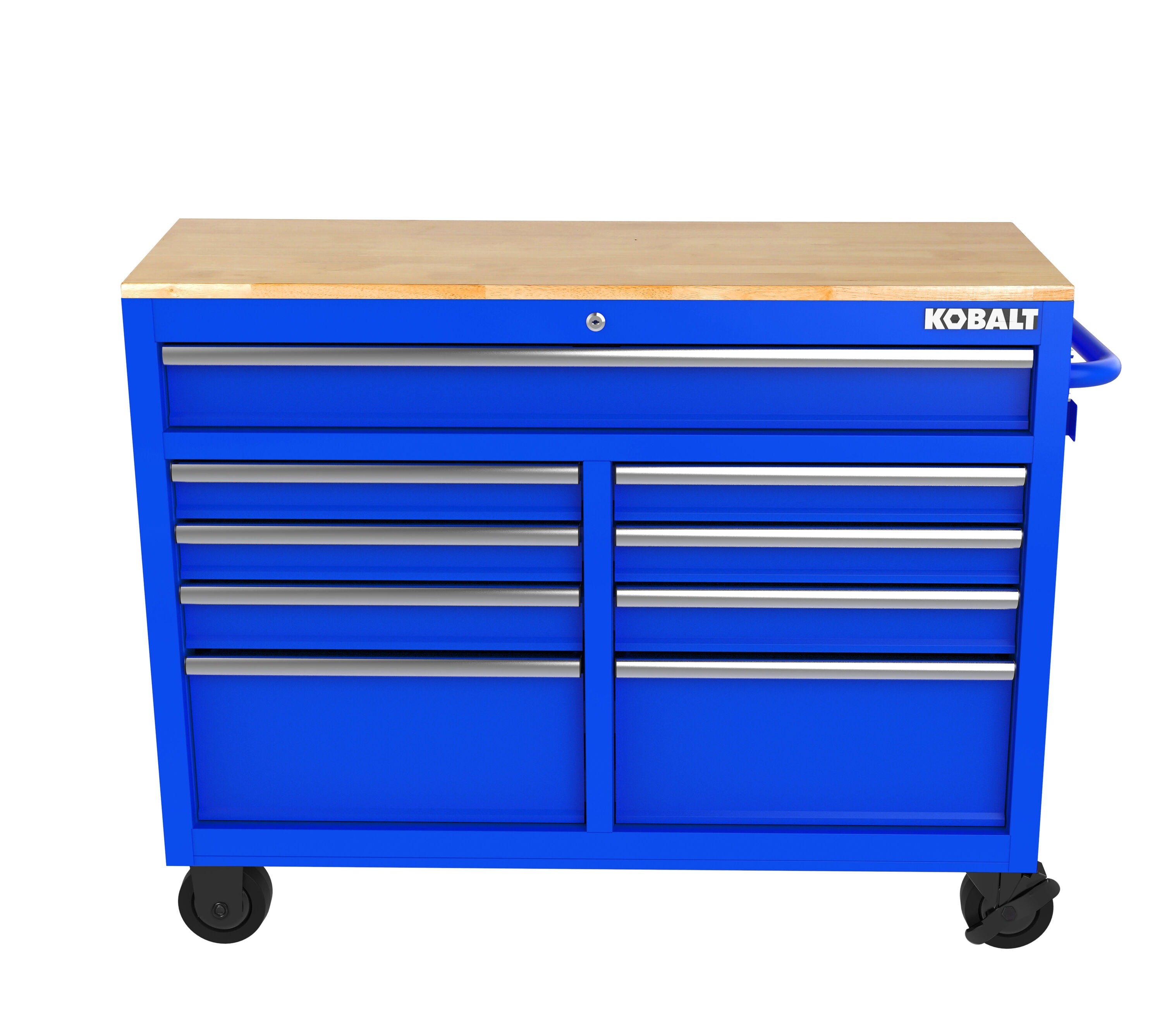 Bancada de trabalho Kobalt com 9 gavetas, 117 cm de comprimento x 94,5 cm de altura, em madeira preta/azul, com rodízios.