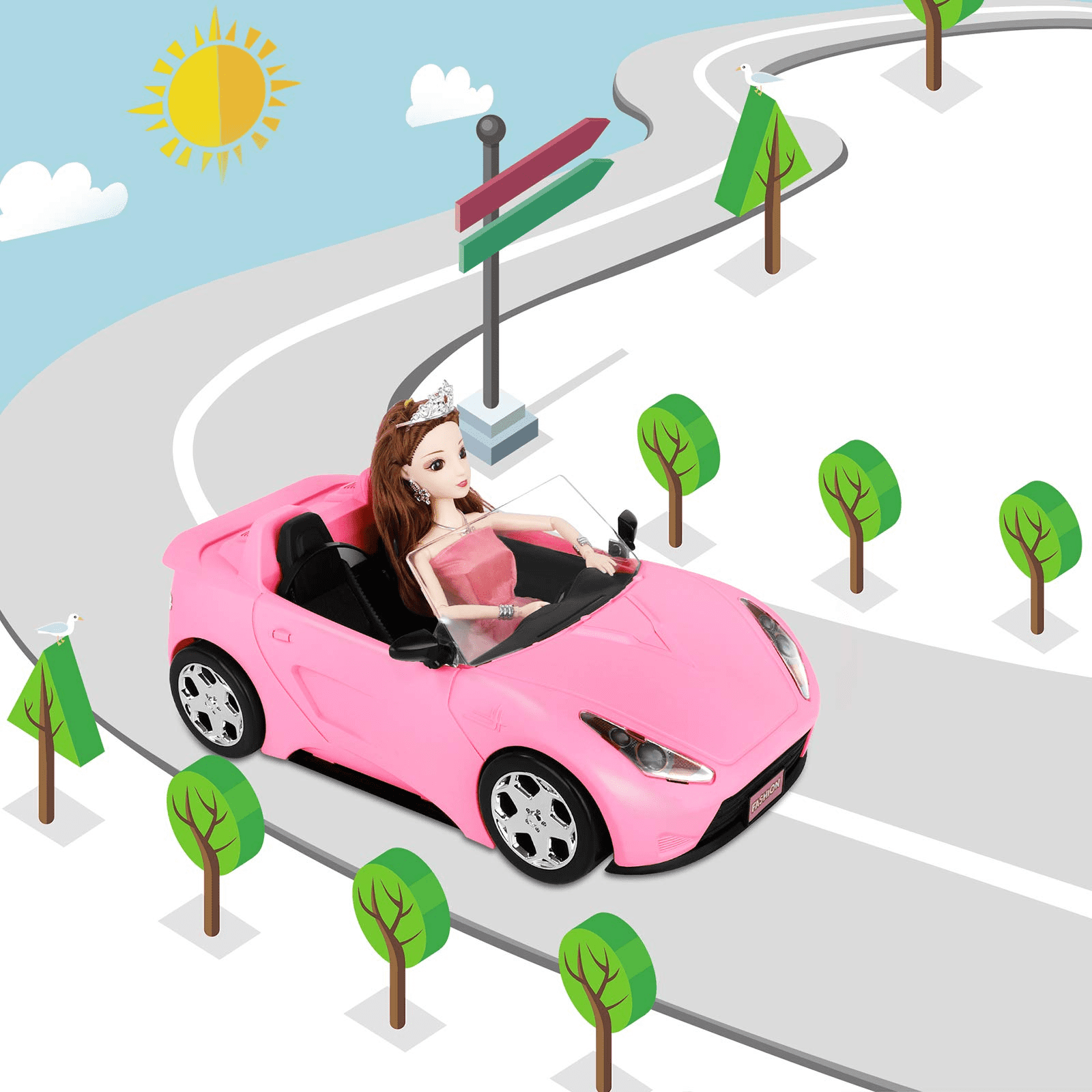 SUPER JOY Convertible Car， Pink Convertible Doll Vehicle with Working Seat Belts Dolls Toy Car for Dolls Accessories Set Great Gift for Girls