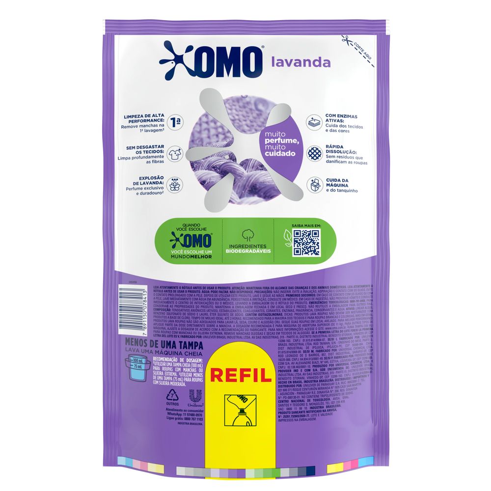 Lava-Roupas Liquido Lavanda Omo Sache 900ml Refil Economico