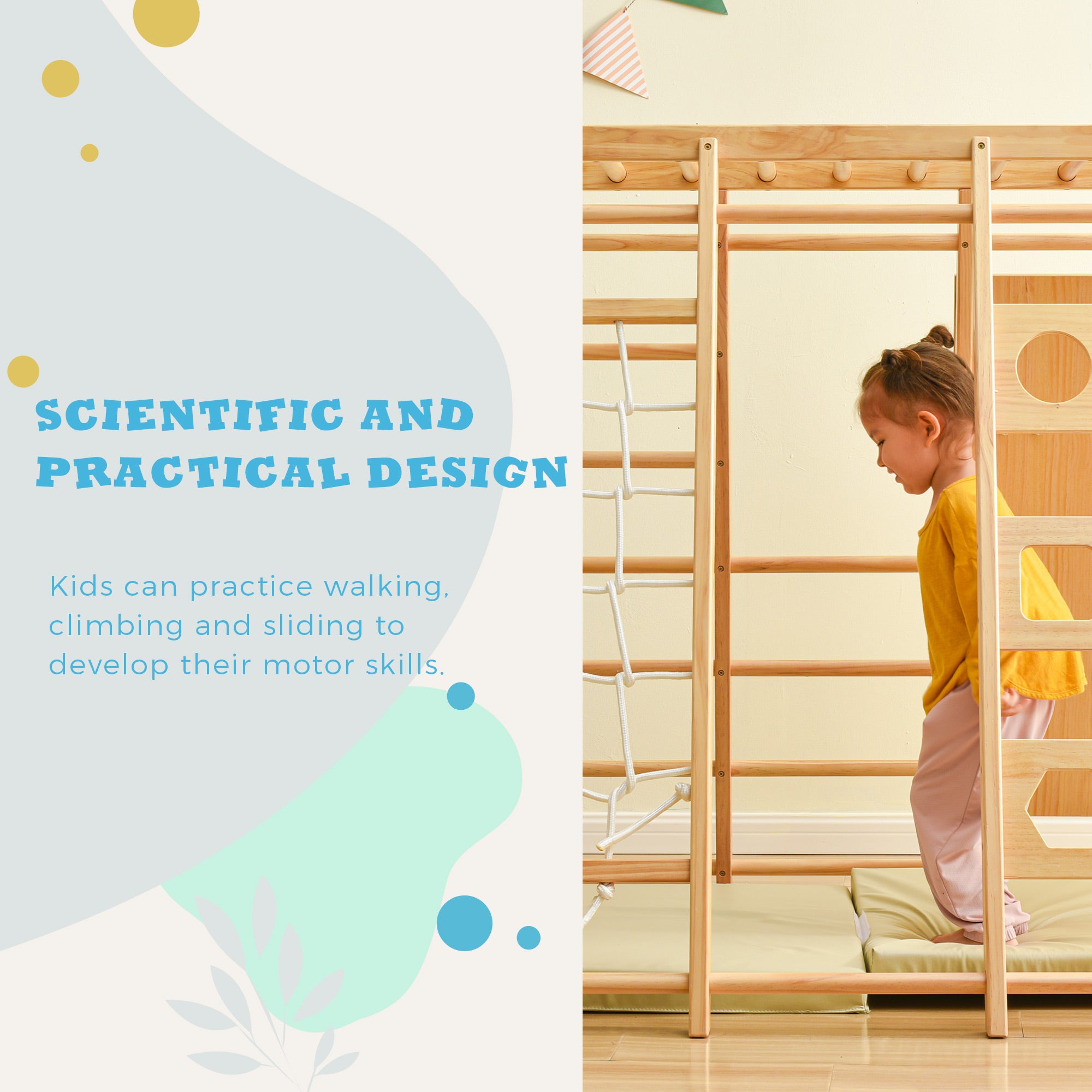 Track 7 Wooden Indoor Kids Playground Jungle Gym with Slide，Toddlers Wooden Climber 8-in-1 Slide Playset，Wooden Rock Climbing Wall with Rope Wall Climb，Monkey Bars，and Swing for Kids