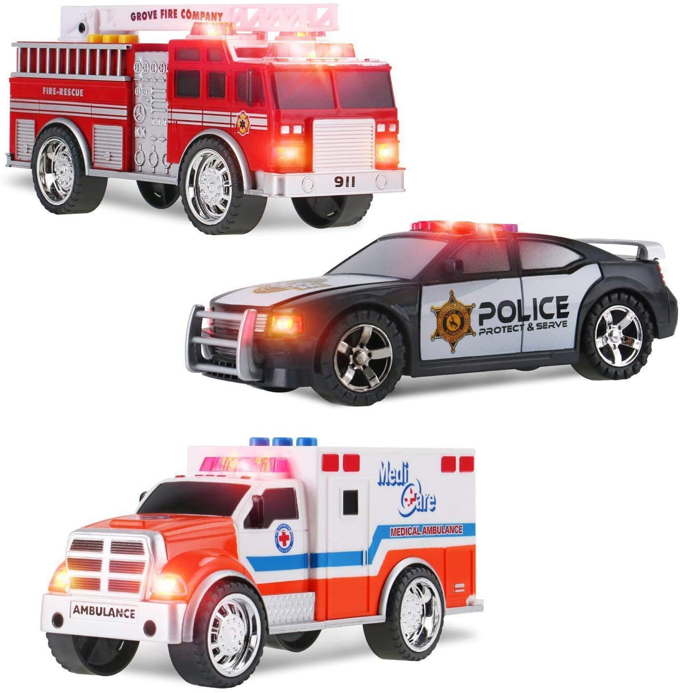 3-In-1 Emergency Vehicle Toy Playset for Kids， Fire Truck， Police Car， Ambulance