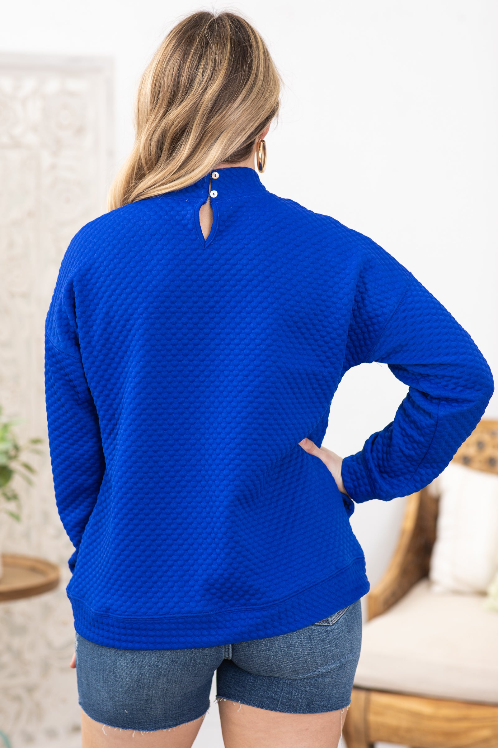 Cobalt Textured Mock Neck Drop Shoulder Top
