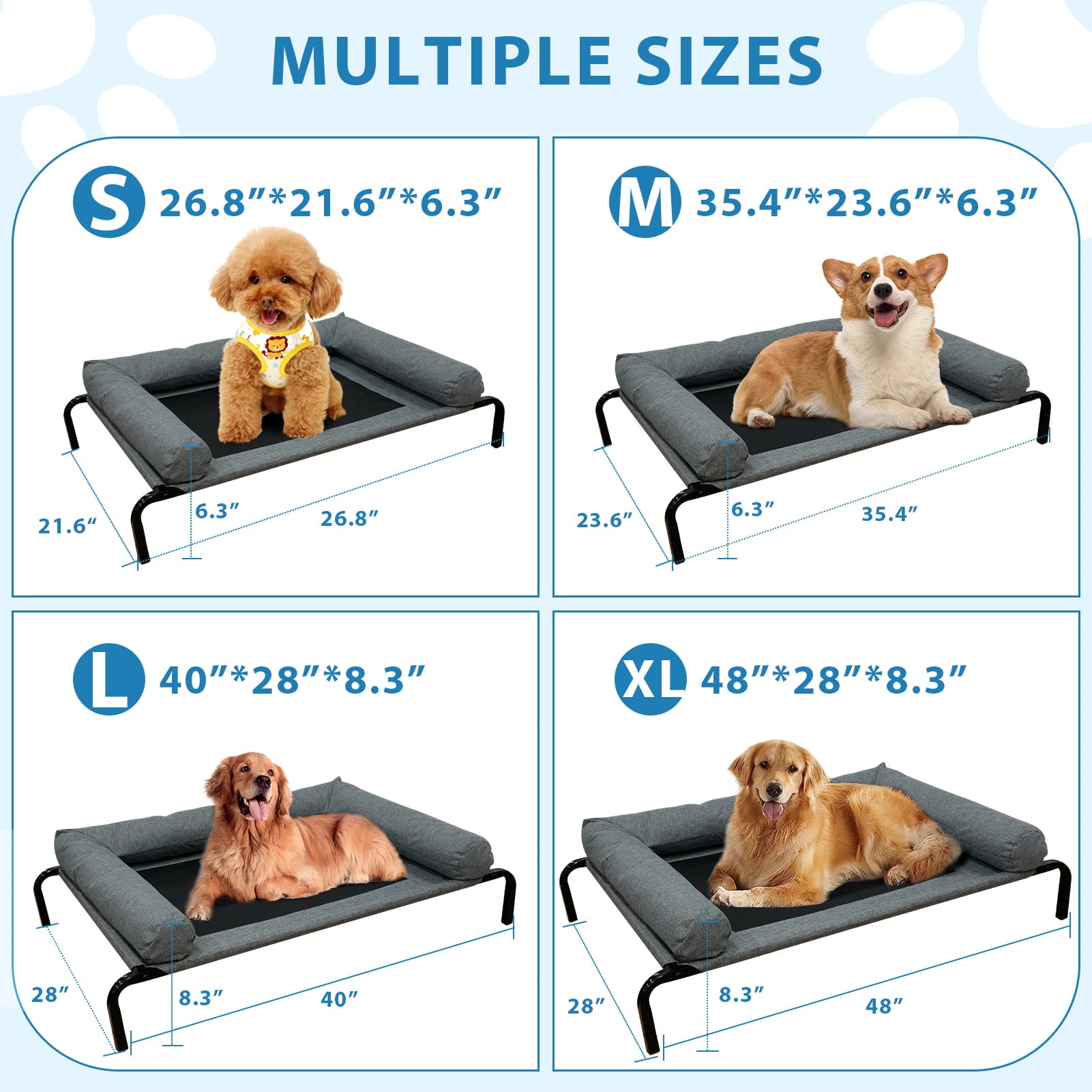 Elevated Dog Bed Cot，Portable Indoor and Outdoor Pet Hammock Bed， Raised Dog Bed Frame with Breathable Mesh and Removable Bolsters，Grey， 40INCH