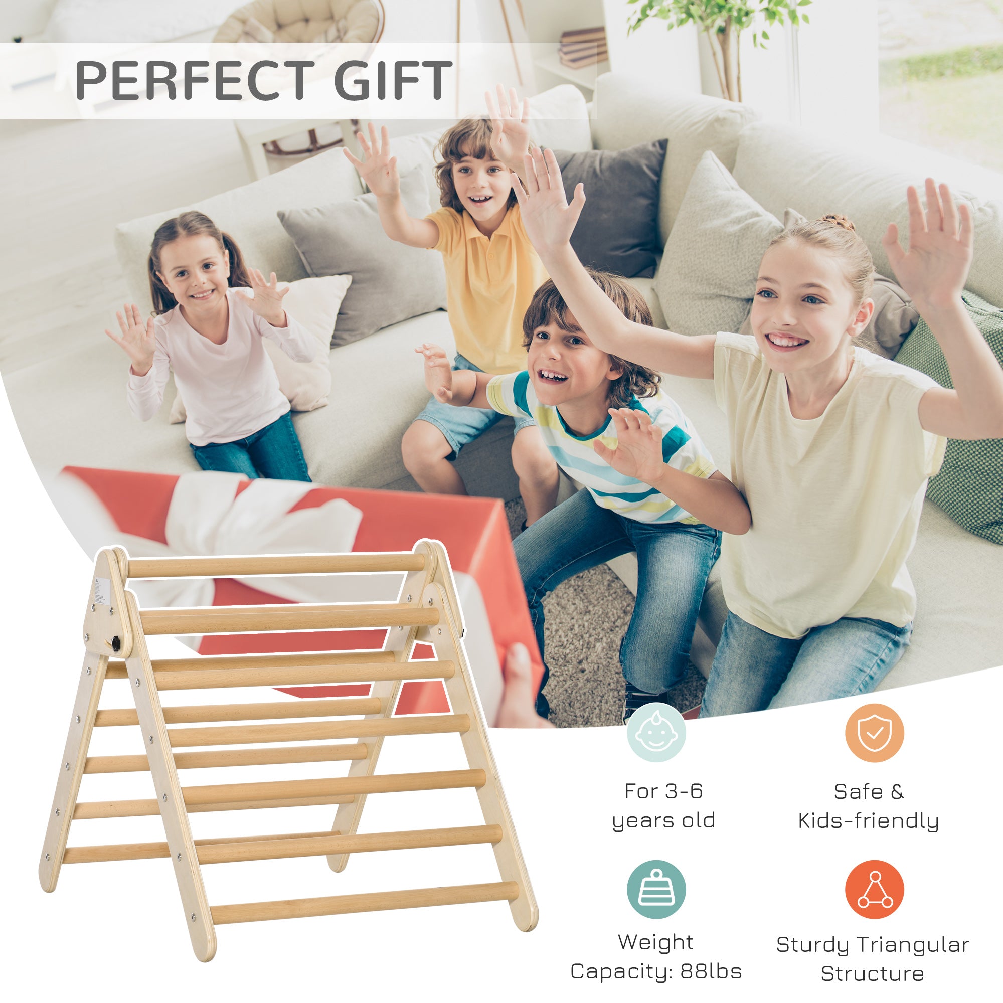 Qaba Kids Triangle Climber Foldable Triangle Ladder for Toddler Natural