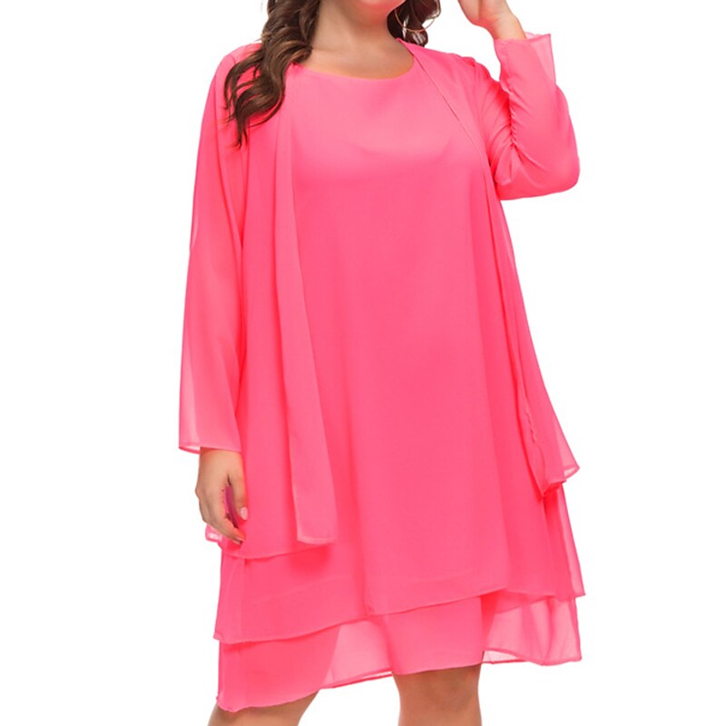 Women's Plus Size Casual Dress Solid Color Crew Neck Mesh Long Sleeve Dress