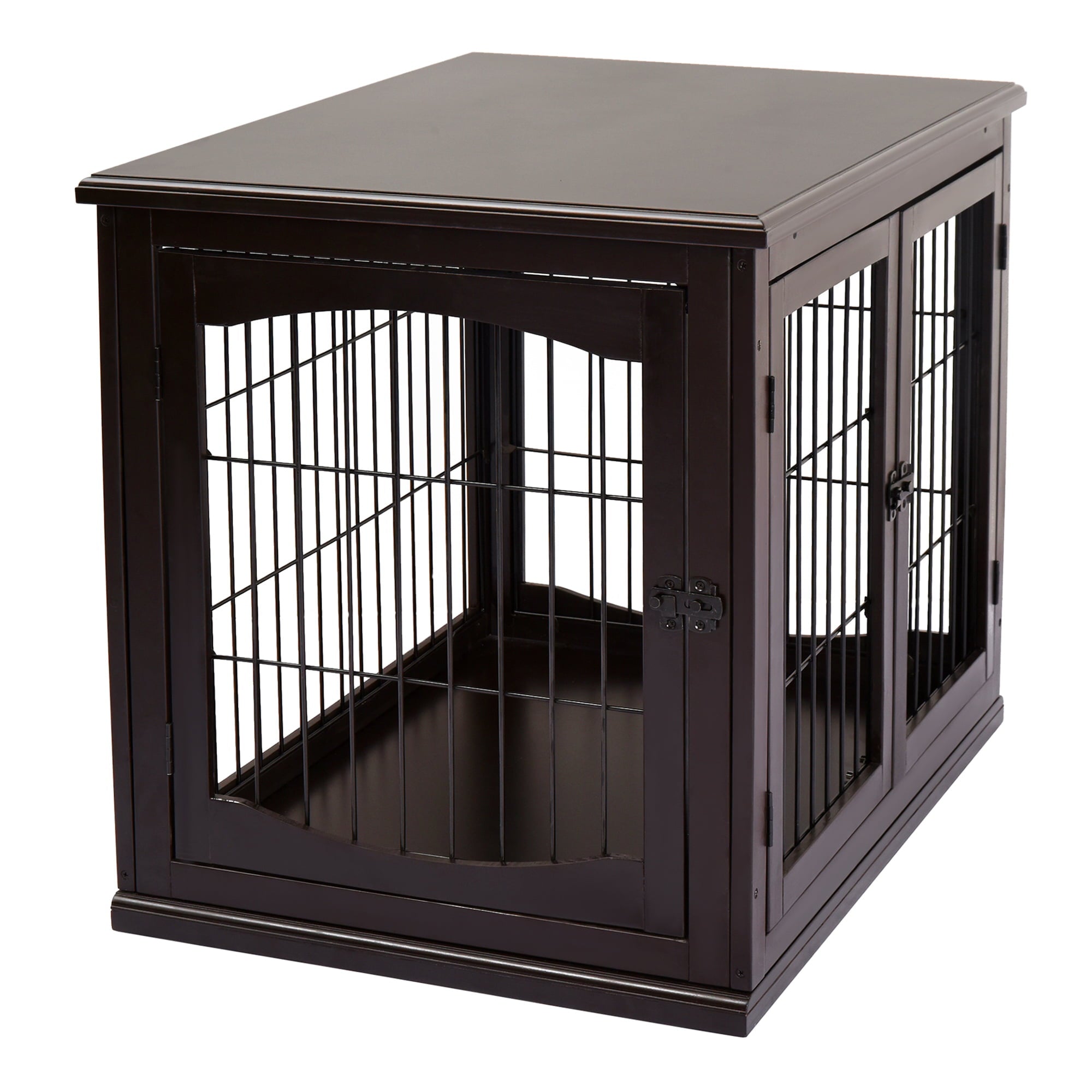 Pawhut Wooden Decorative Dog Cage Pet Crate Kennel with Double Door Entrance， Dark Brown， 26''