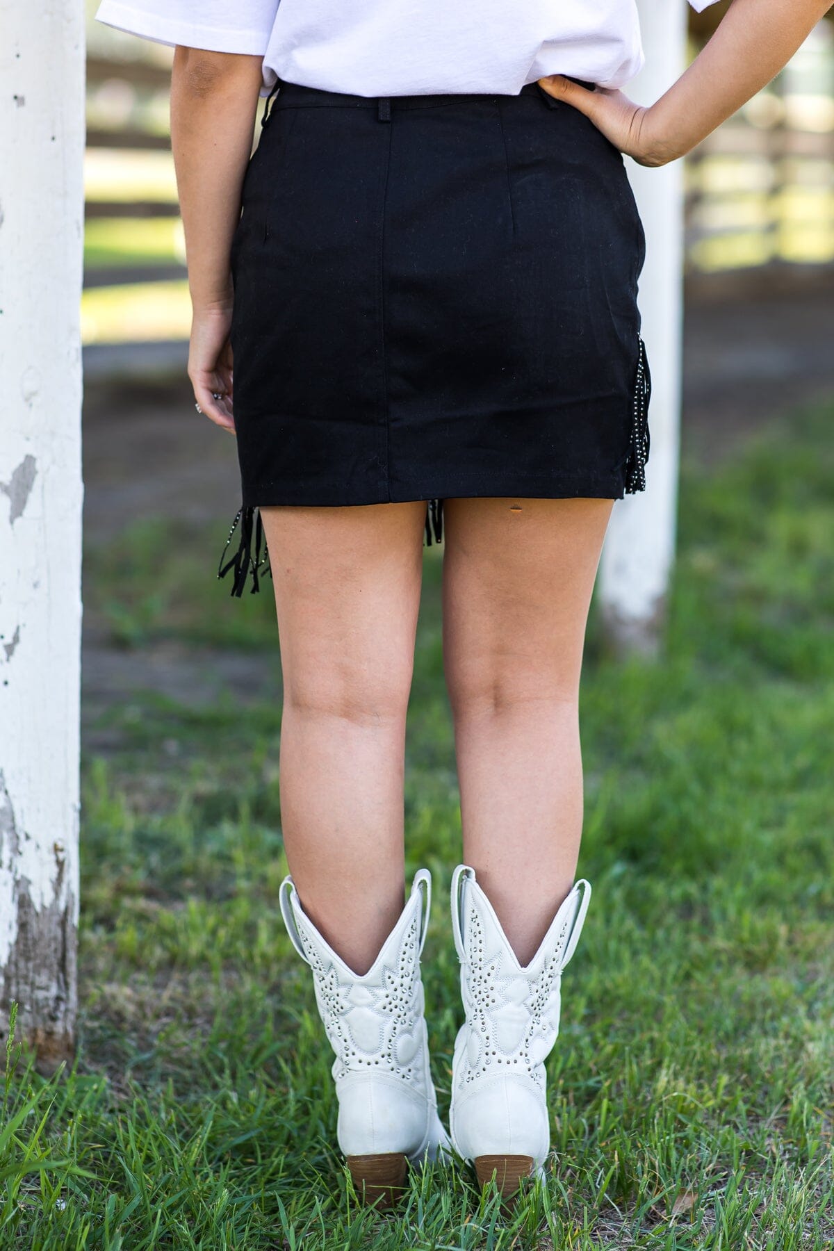 Black Denim Skirt With Fringe Detail