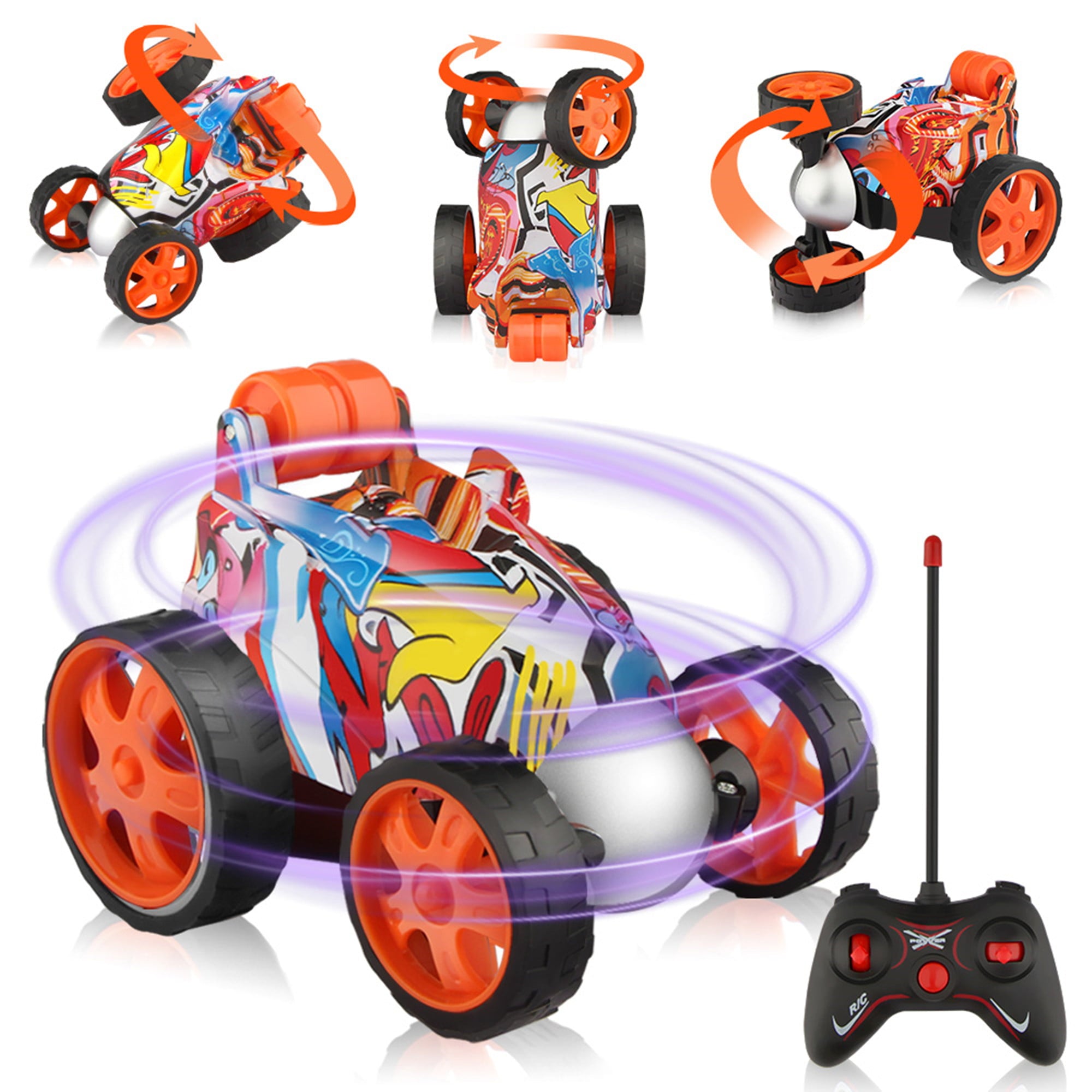 Wupuaait RC Roller Car， 360° 4WD Stunt Toy Car Xmas Gift for 3-12 Y Boys and Girls， Orange