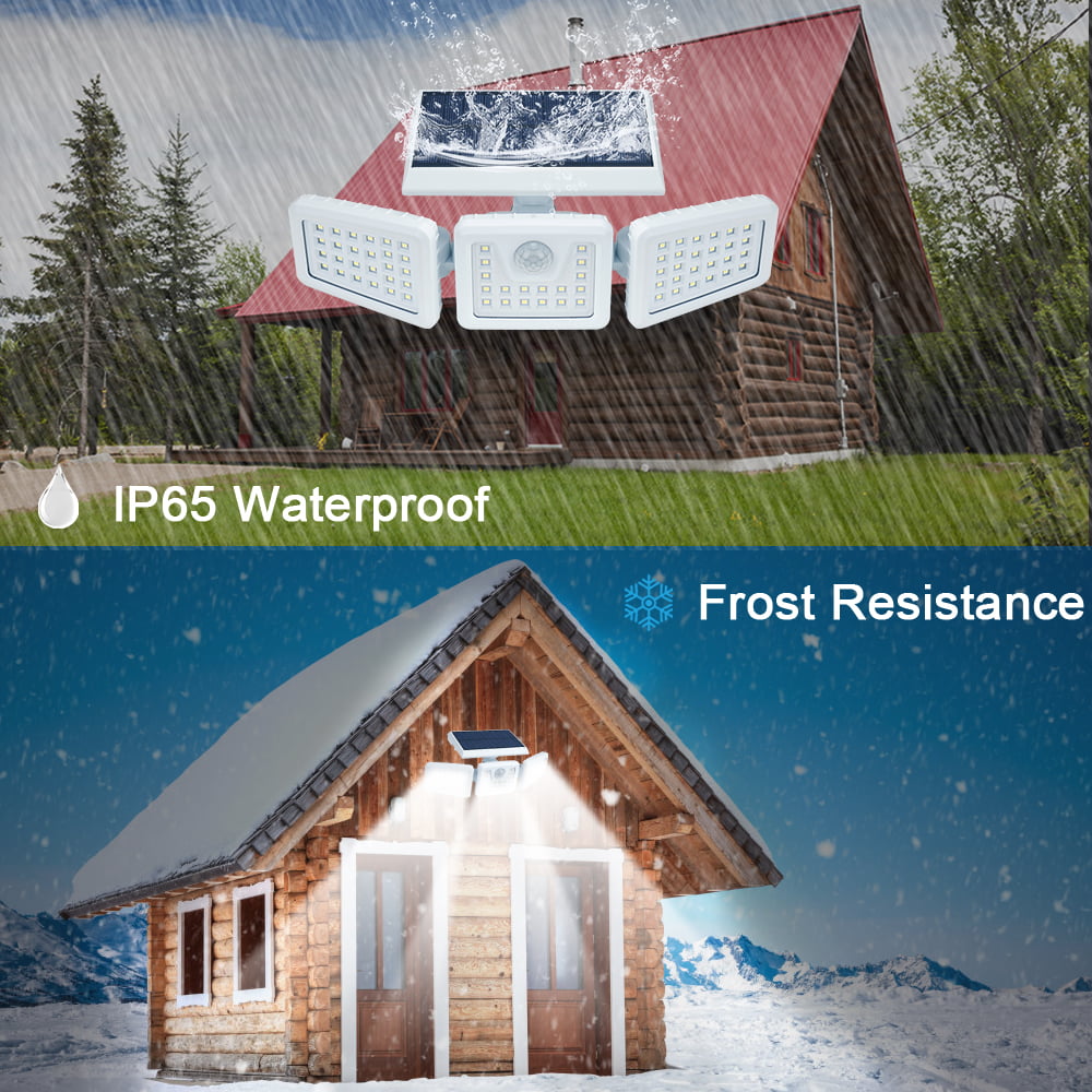 Solar Lights Outdoor， 70LED Wireless LED Solar Motion Sensor Lights Outdoor 3 Adjustable Heads， 270° Wide Angle Illumination， IP65 Waterproof， Security LED Flood Light (White)