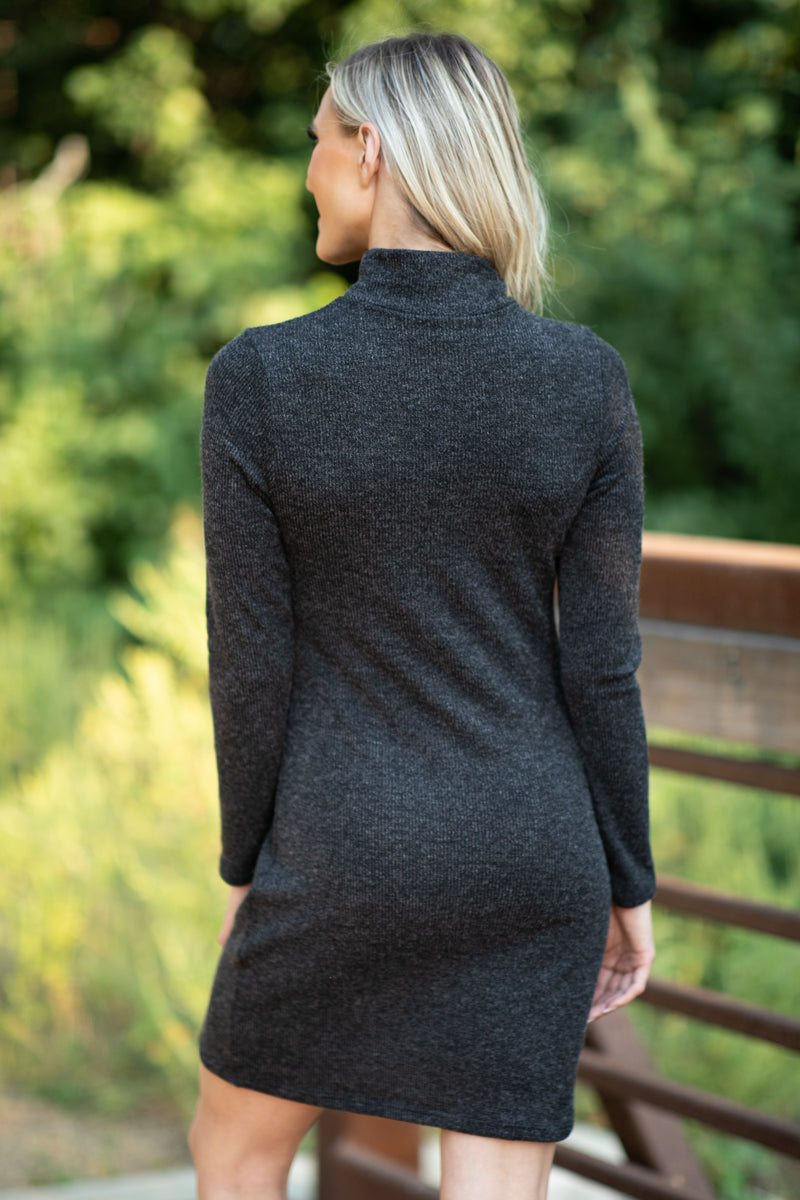 Black Rib Knit Mock Neck Dress With Cutout