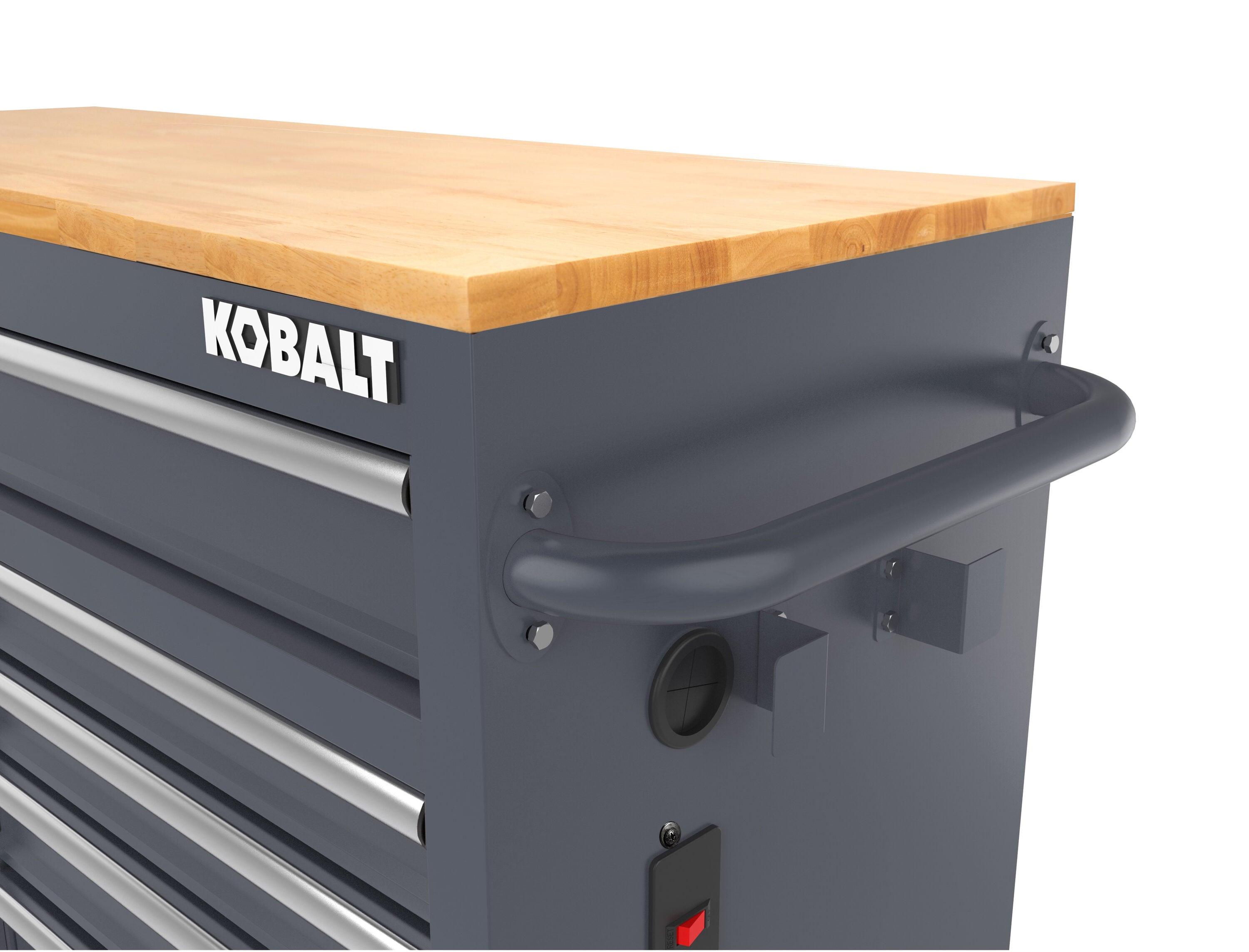 Bancada de trabalho Kobalt com 9 gavetas, 117 cm de comprimento x 94,5 cm de altura, em madeira preta/azul, com rodízios.