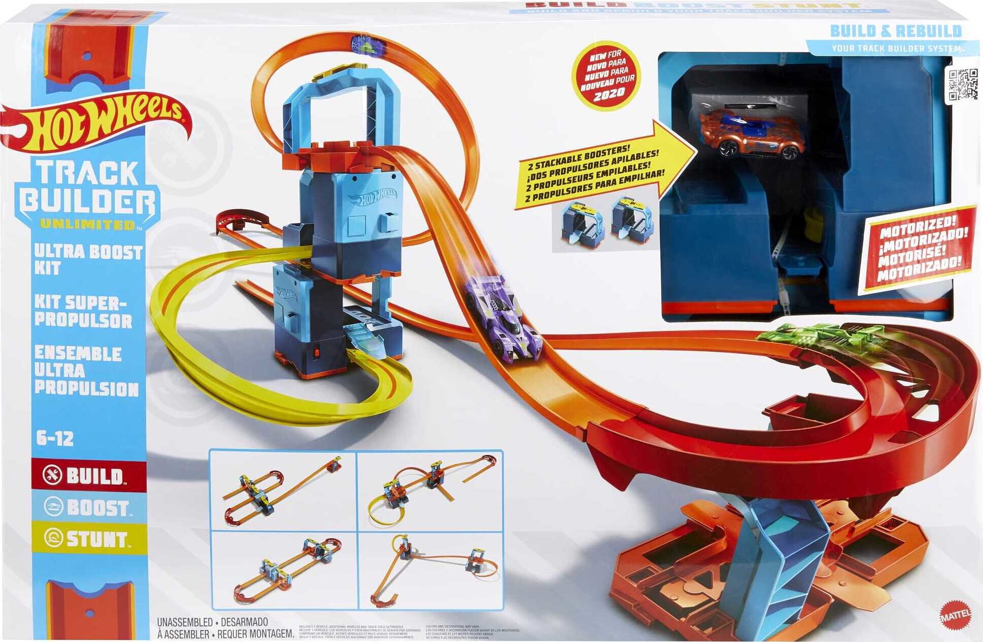 Hot Wheels Track Builder Unlimited Ultra Boost Kit Track Set， Motorized Boosters and Toy Car