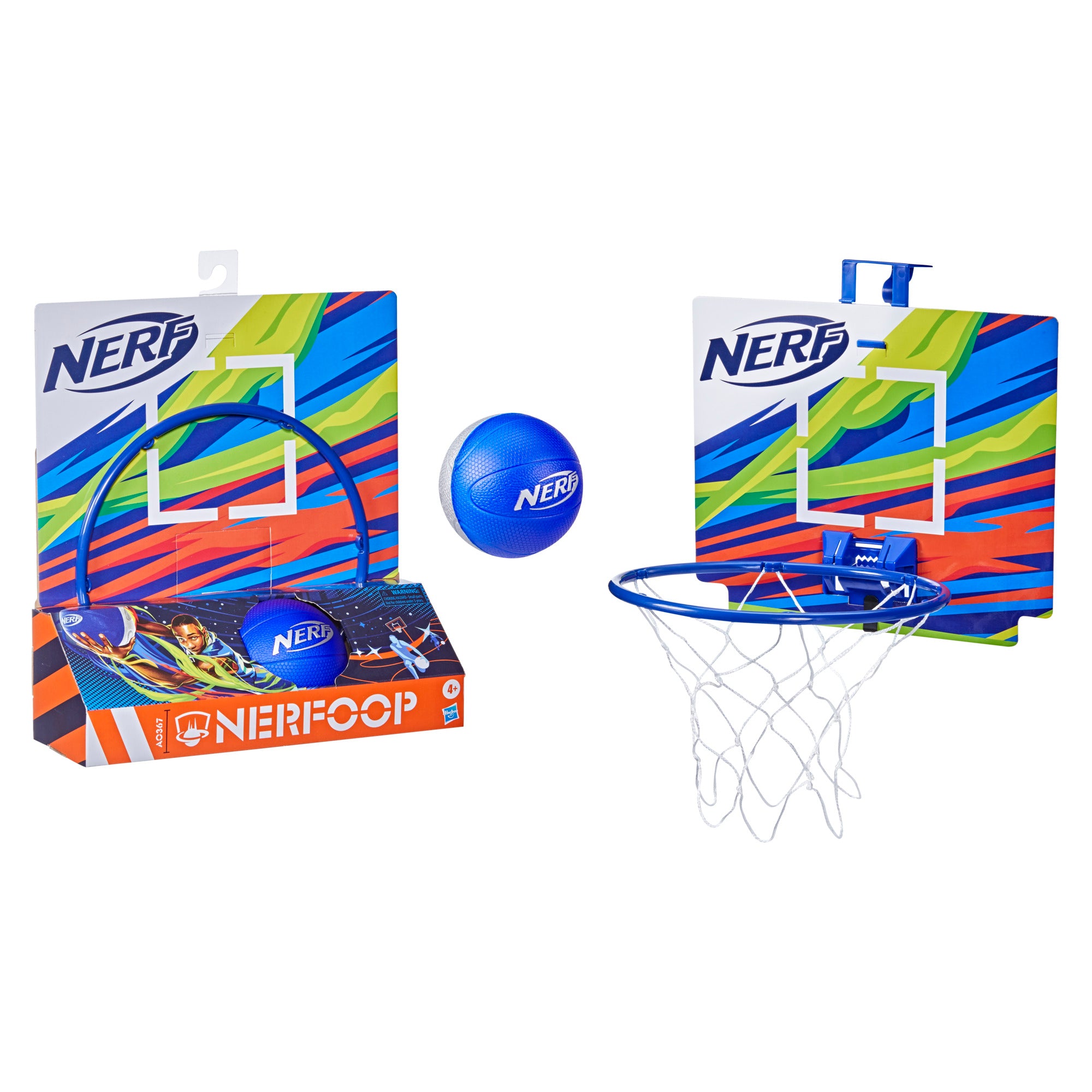 Nerf Nerfoop， The Classic Mini Foam Basketball and Hoop， Hooks On Doors， Blue