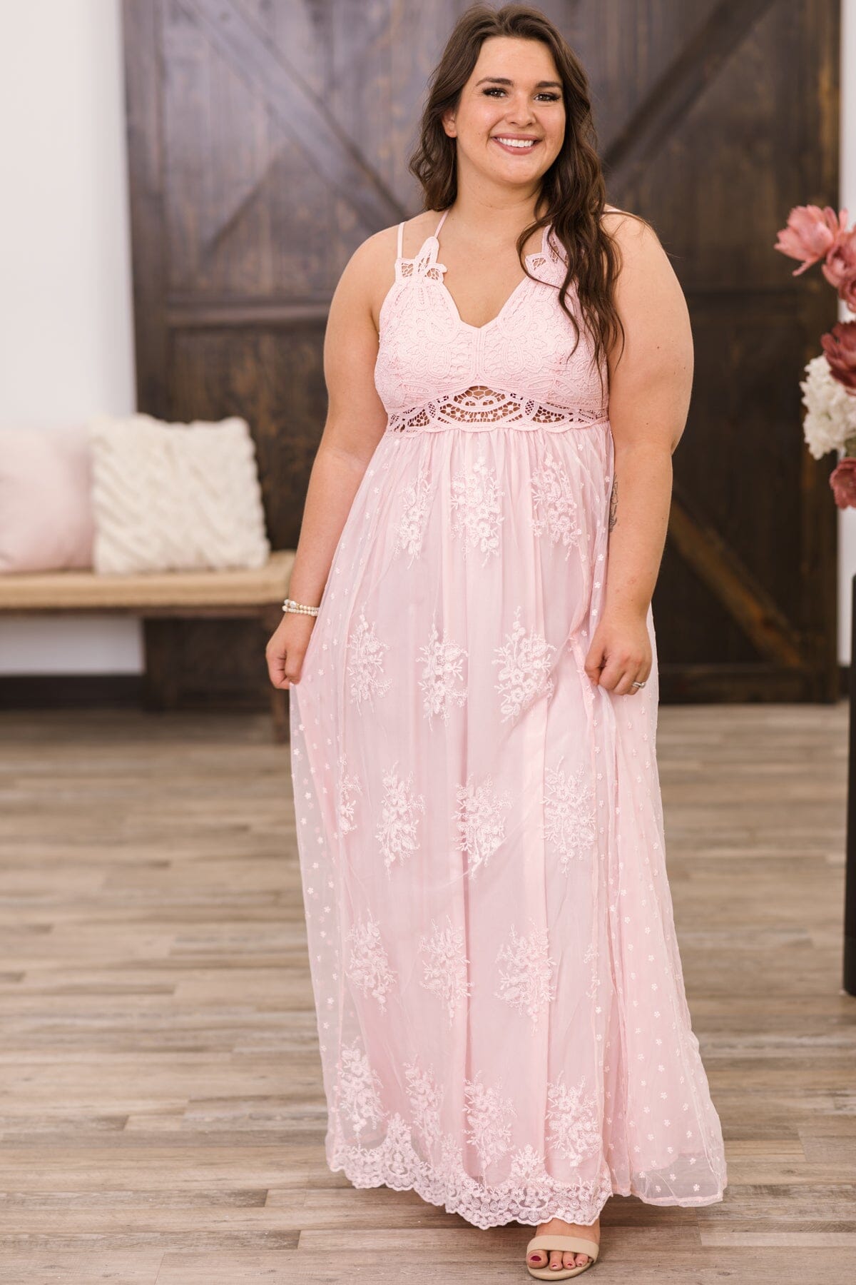Dusty Rose Crochet Lace Bodice Maxi Dress
