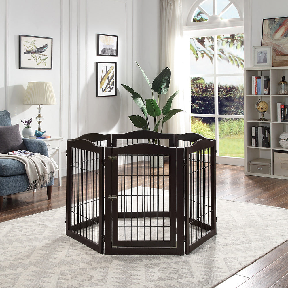 Unipaws Wide Pet Gate， Freestanding Pet Playpen， 6 Panels Dog Gate， Espresso