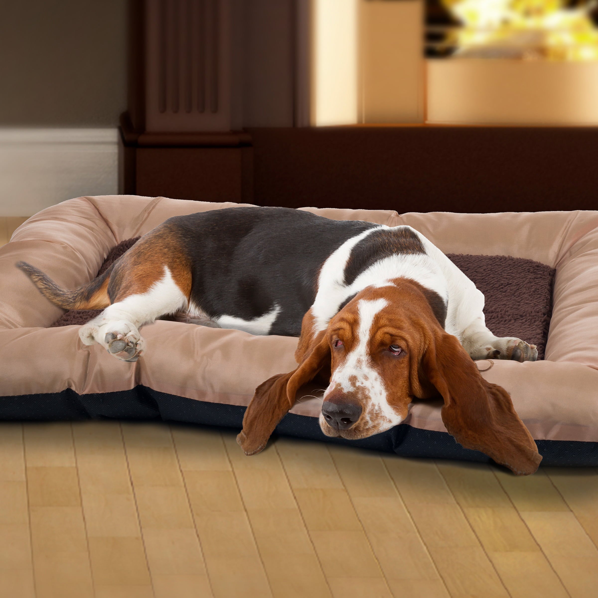 Dog Bed - 43x29 Pet Bed with Sherpa Sleep Surface， Memory Foam， Non-Skid Bottom， and Water-Resistant Nylon Neck Bolster Edging by PETMAKER (Tan)