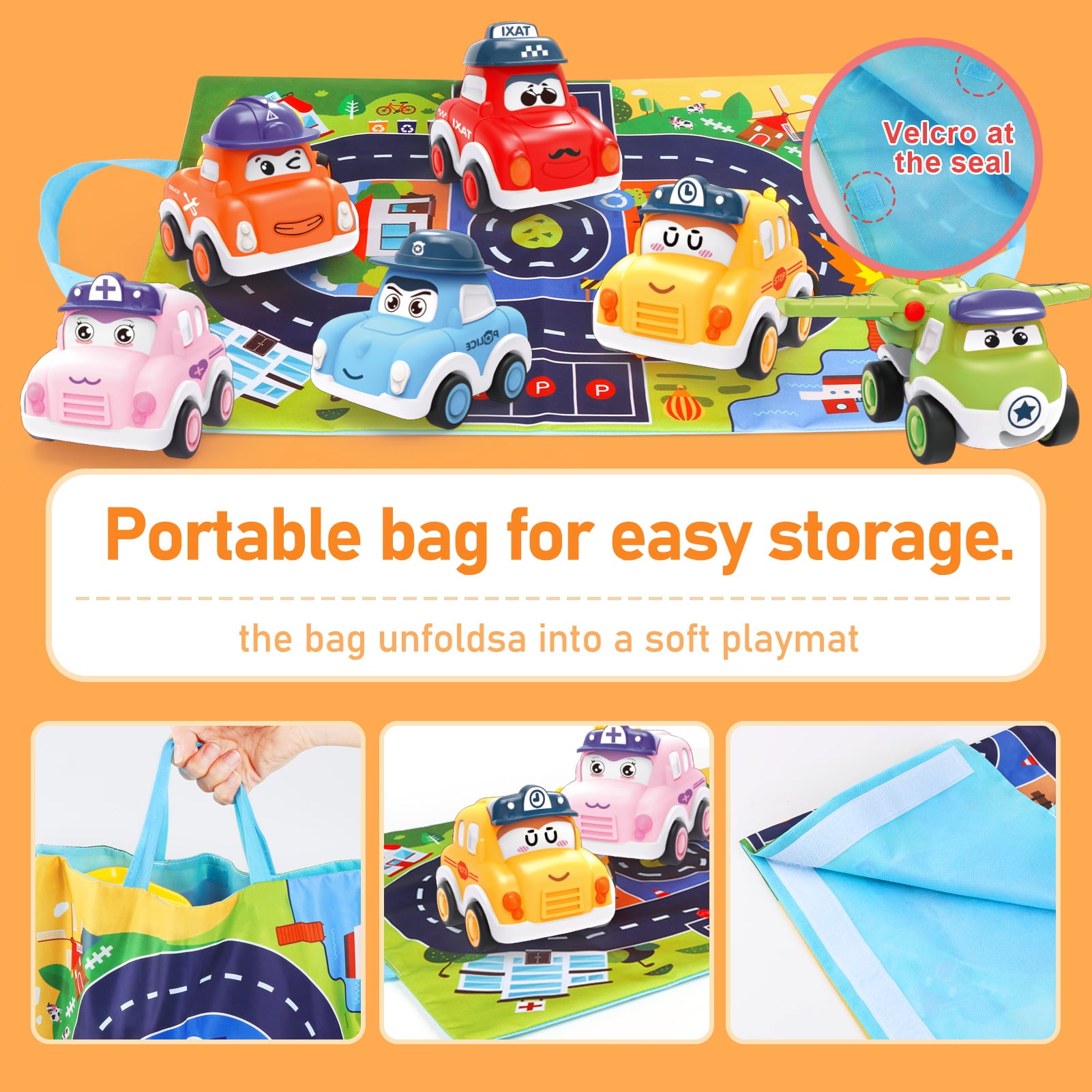 Pull Back Cars for Toddlers 1-3， Vehicles Toy for 1 Year Old Boy，6 Pieces Push and Go Mini Car Set with Playmat Storage Bag，Birthday Present for 1 Year Old Boy