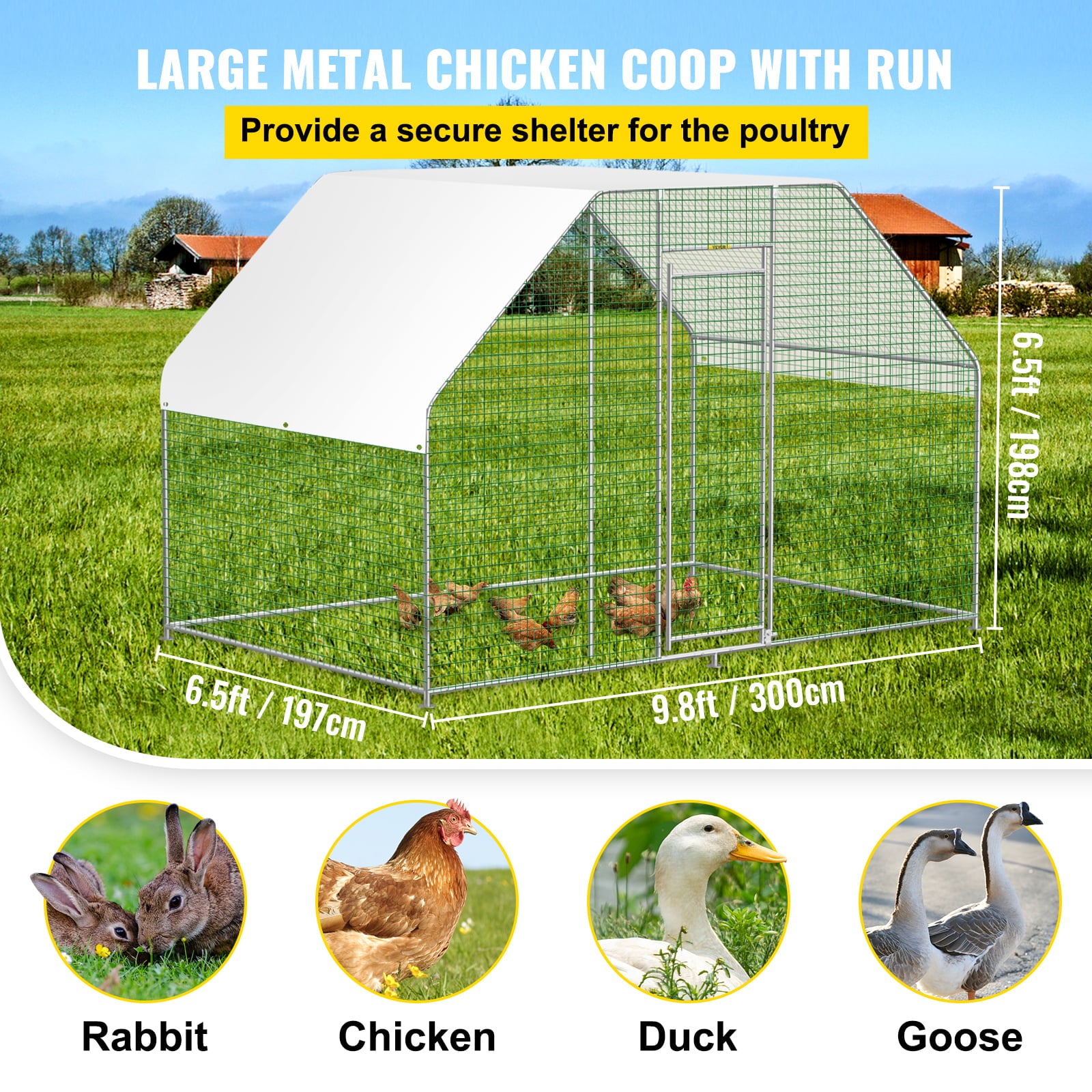 VEVORbrand Chicken Run Coop 10×6ft Large Metal Chicken Coop Flat Shaped， Walk-in Hen Cage， Outdoor Poultry Cage with Waterproof Cover for Backyard
