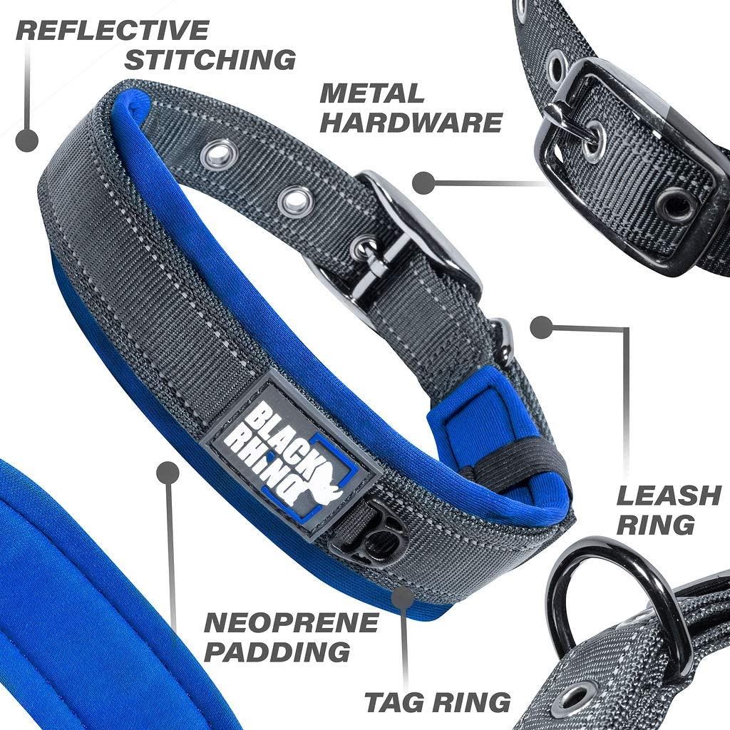 Black Rhino - The Comfort Collar Ultra Soft Neoprene Padded Dog Collar for All Breeds - Heavy Duty Adjustable Reflective Weatherproof (Large， Blue/Grey)