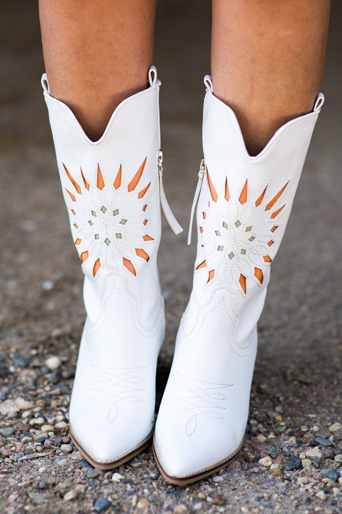 White Laser Cut Sunburst Detail Western Boots