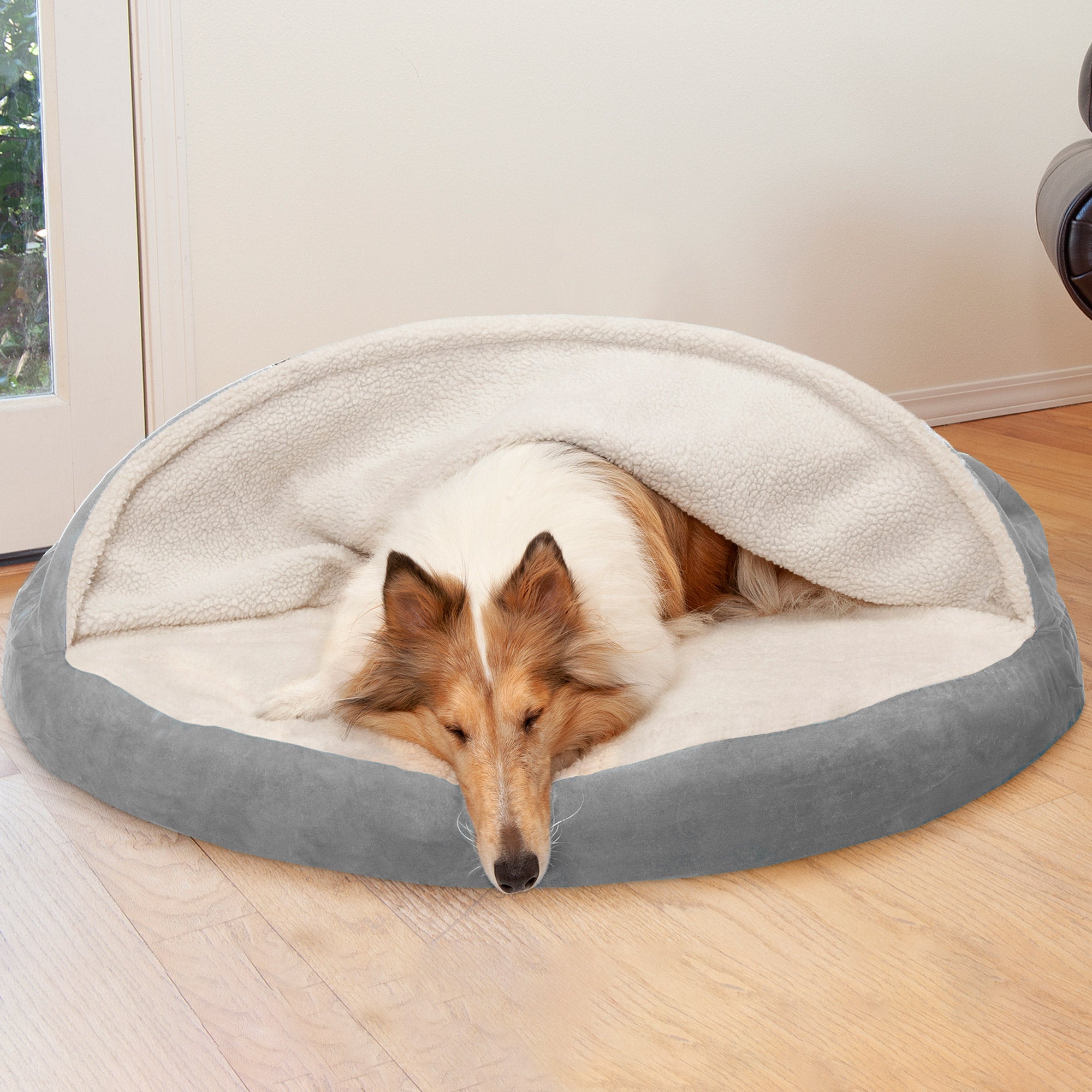 FurHaven Pet Products Orthopedic Faux Sheepskin Snuggery Burrow Pet Bed for Dogs and Cats， Gray， 44