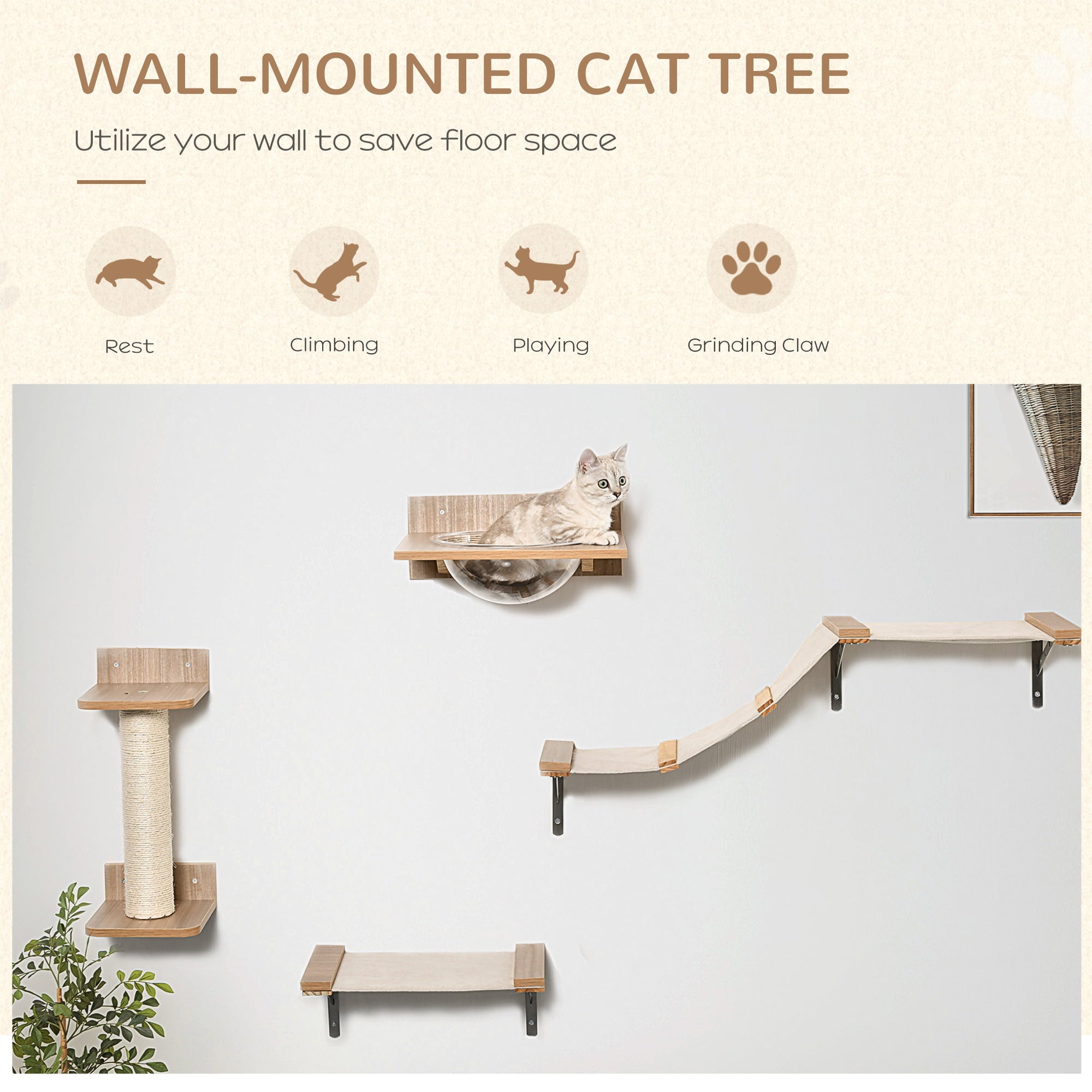 PawHut 4pc Cat Tower Activity Center， Mounted Scratchpost Shelf Set w/ Feeder