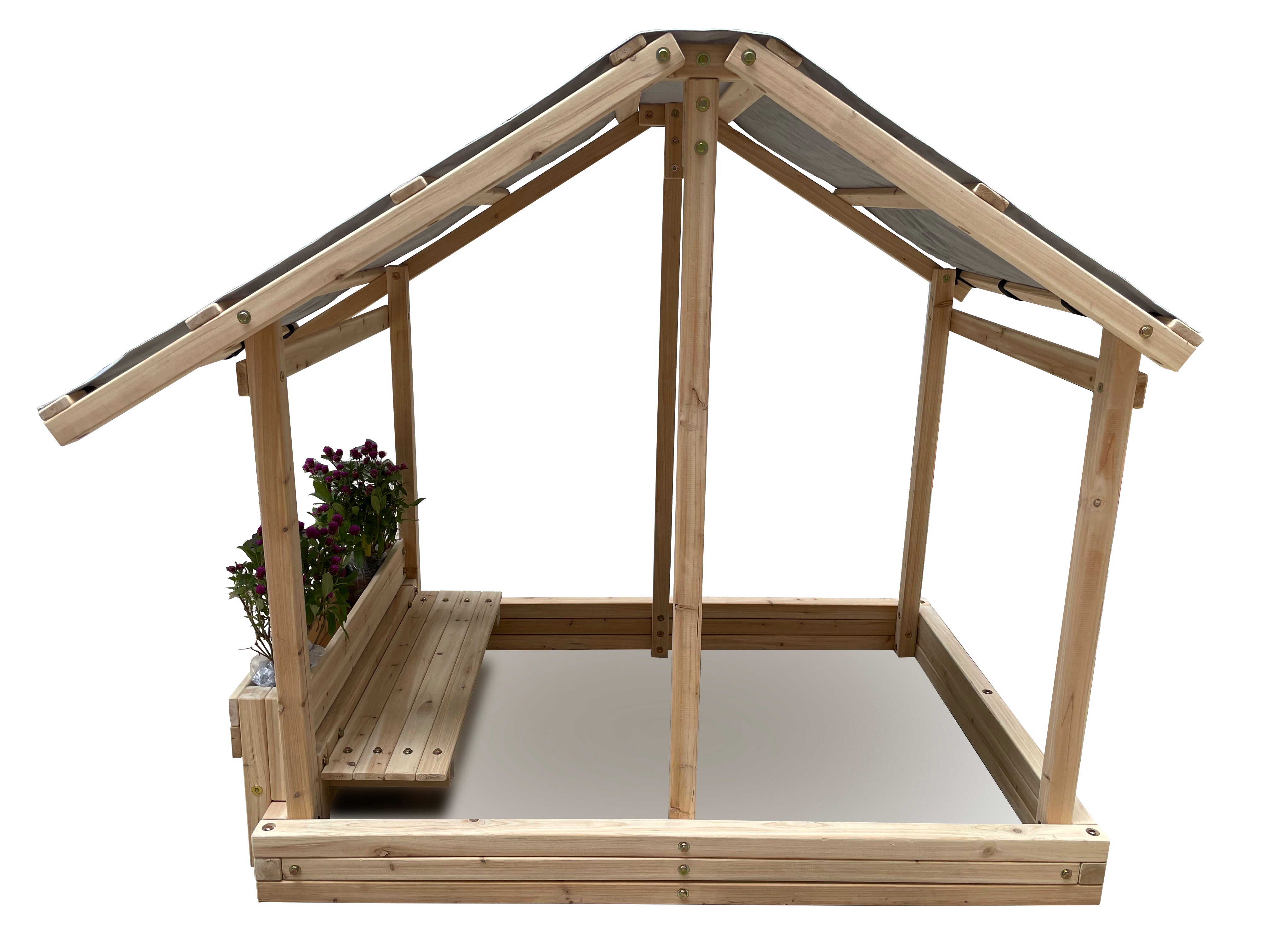 Funphix Dig n’ Play Wooden Sandbox Playhouse with Bench and Flower Planter， Outdoor Sand Pit for Kids