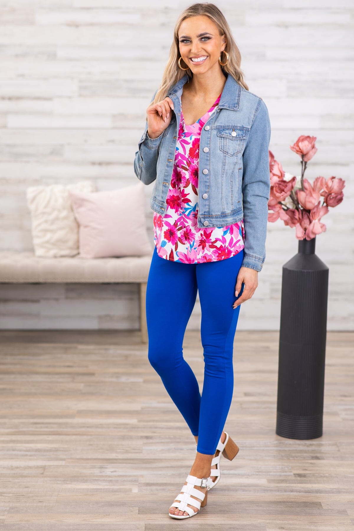 Pink Multicolor Floral Bell Sleeve V-Neck Top