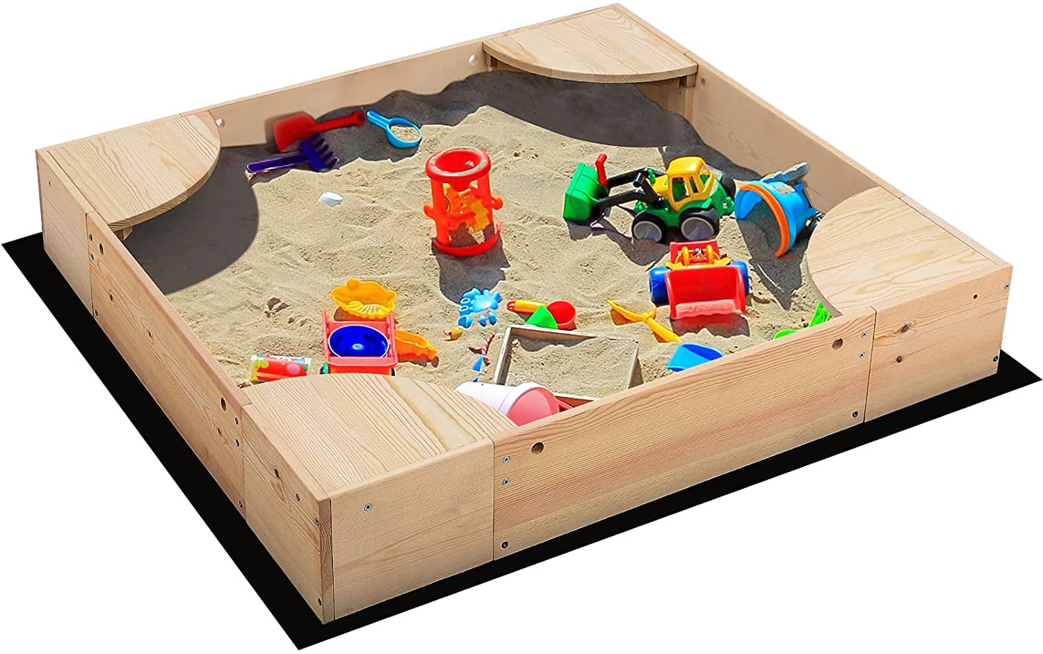 Arlopu Wooden Sandbox with Cover， Outdoor Kids Sandpit Box with 4 Built-in Corner Seats for Toddlers Age 2 to 8