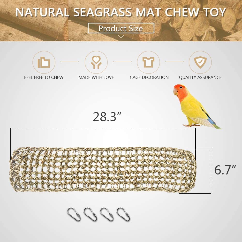 Hamiledyi Bird Seagrass Mat Toy，Natural Grass Woven Net Hammock Hanging on Parrot Cage with 4 Hooks，Parakeet Climbing Rope Ladder Chew Toys for Lovebird Cockatiel Conure Budgie，Cockatoo Supplies
