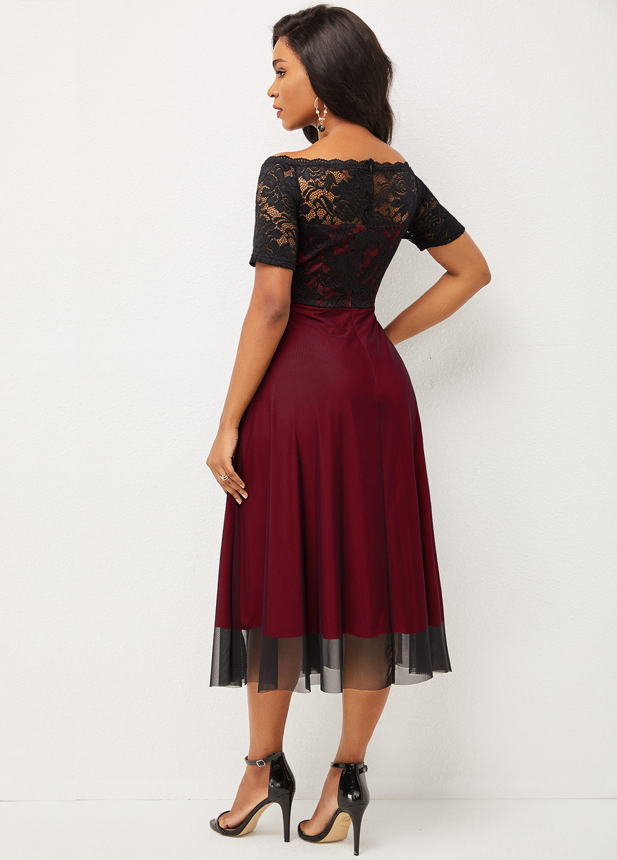 Lace Patchwork Off Shoulder Short Sleeve Dress