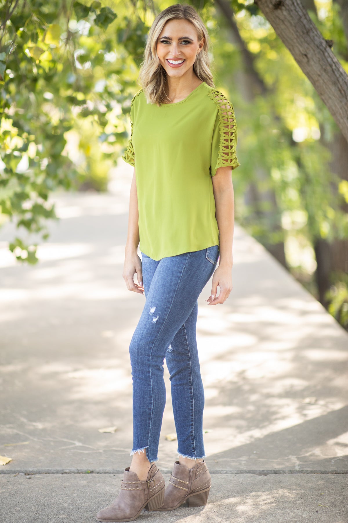 Light Olive Lattice Sleeve Top