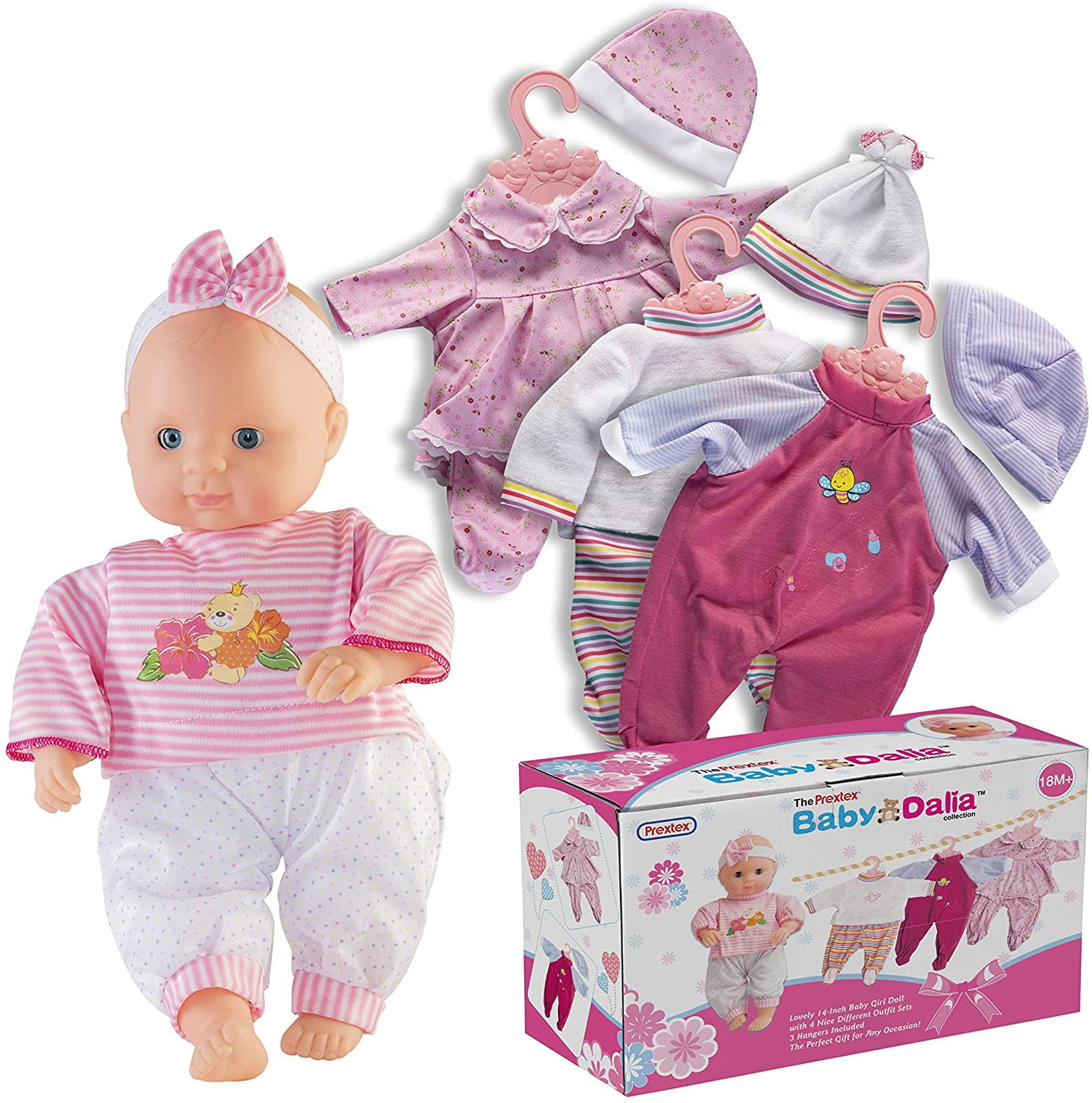 Prextex Baby Dalia Baby Doll Set with 4 Outfits and Hangers